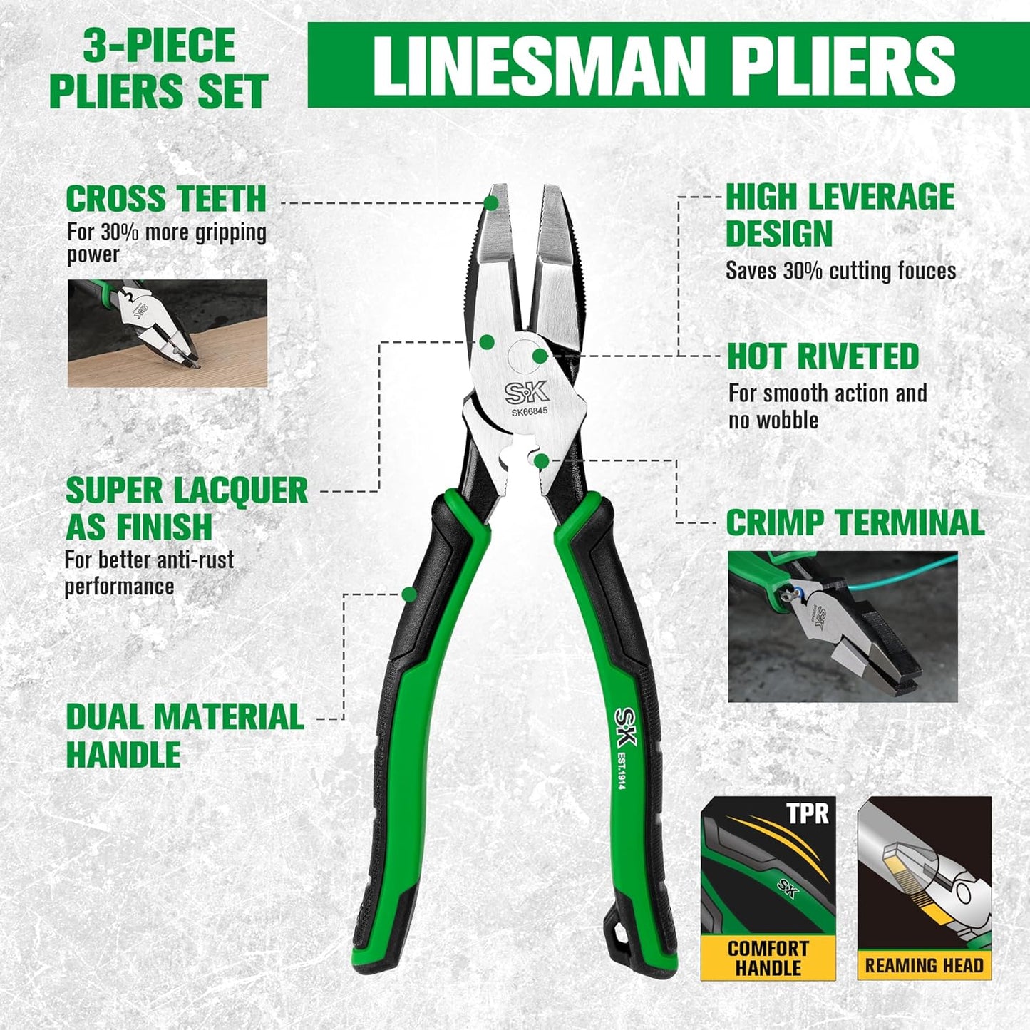 SK 3-Piece Pliers Set, 9.5-Inch Linesman, 8-Inch Diagonal & Needle Nose Pliers, Premium CR-V Construction, Ergonomic Anti-slip Handle, with Rolling Pouch