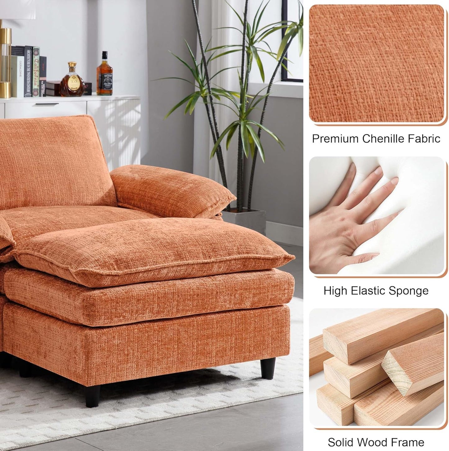 51.9" Orange Oversized Cloud Accent Chair with Ottoman, Modern Chaise Lounge Chair Indoor, Comfy Chenille Single Sofa Couch Chair for Living Room Apartment Office