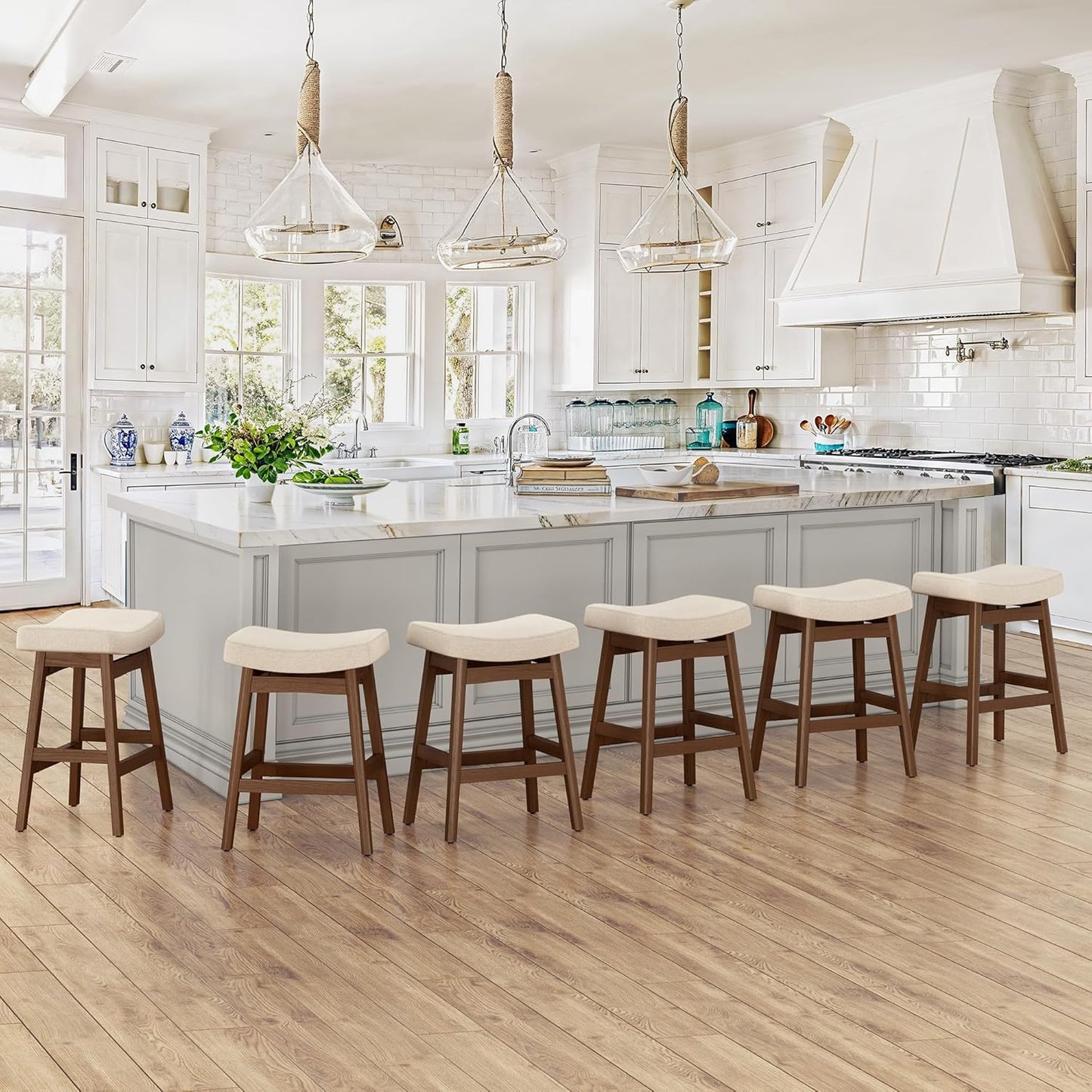 Bar Stools Set of 3, Barstools with Sturdy Wood Legs, Saddle Seat Counter Height Bar Stools for Kitchen Counter, Bar, Dining, 24 Inch Farmhouse Counter Stools, Antique White Leather