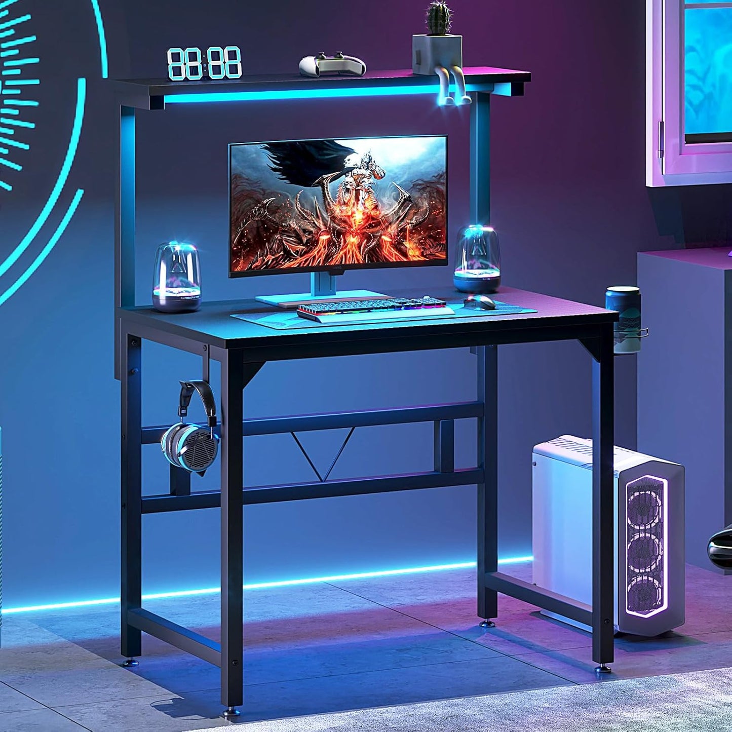 TREETALK Gaming Desk with Power Outlets & LED Strip Lights,80CM Industrial Writing Desk with Adjustable Monitor Stand, Cupholder and Headphone Hook for Home Office Black