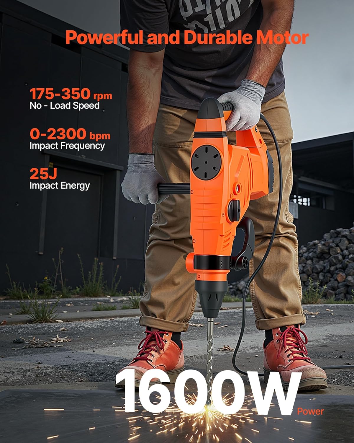 VEVOR 1-3/4" SDS-Max Rotary Hammer Drill, 13Amp Corded Drills, Heavy Duty Chipping Hammers w/Vibration Control & Safety Clutch, Electric Demolition Hammers, Power Tool For Concrete