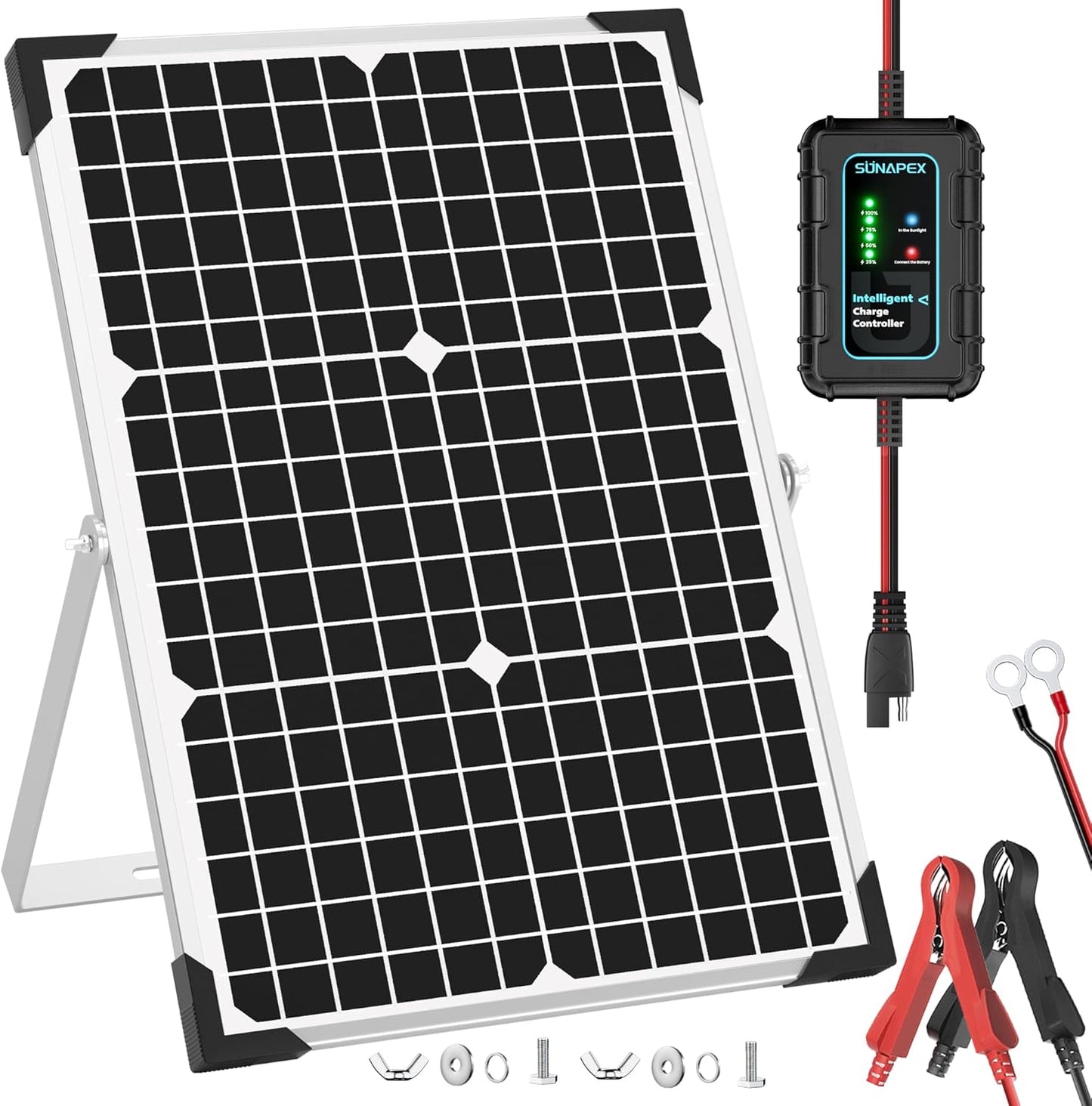 SUNAPEX 12V Solar Battery Charger: 25W Waterproof Solar Panel Kit- Aluminum Trickle Charger for Car Battery with MPPT Controller - Battery Tender Motorcycle Boat Marine RV Trailer Tractor Truck