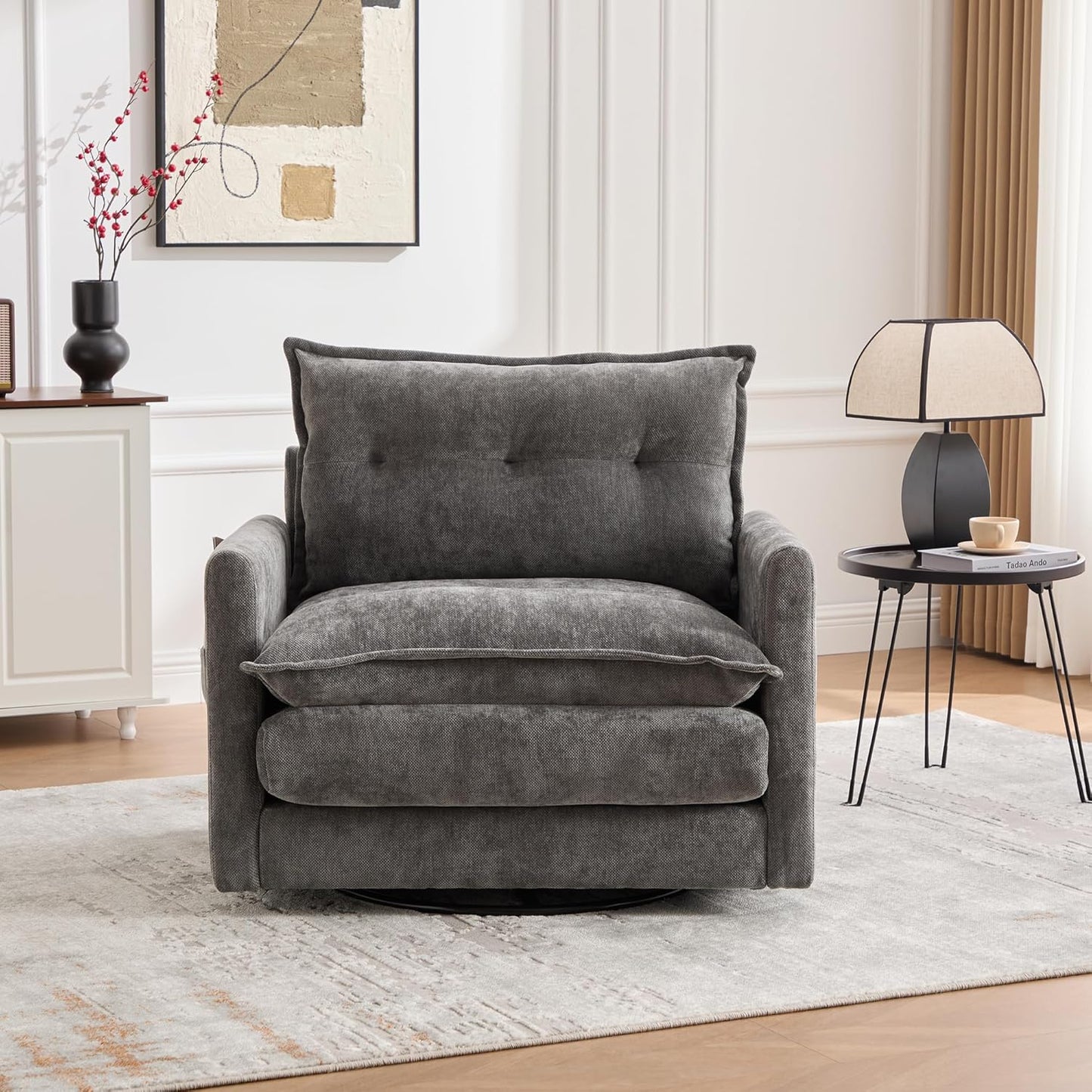 Swivel Accent Chair, 360° Rotating Square Arm Chair, Modern Accent Chair with Solid Metal Base, Chenille Comfy Upholstered Single Sofa for Living Room Bedroom Office (Gray)