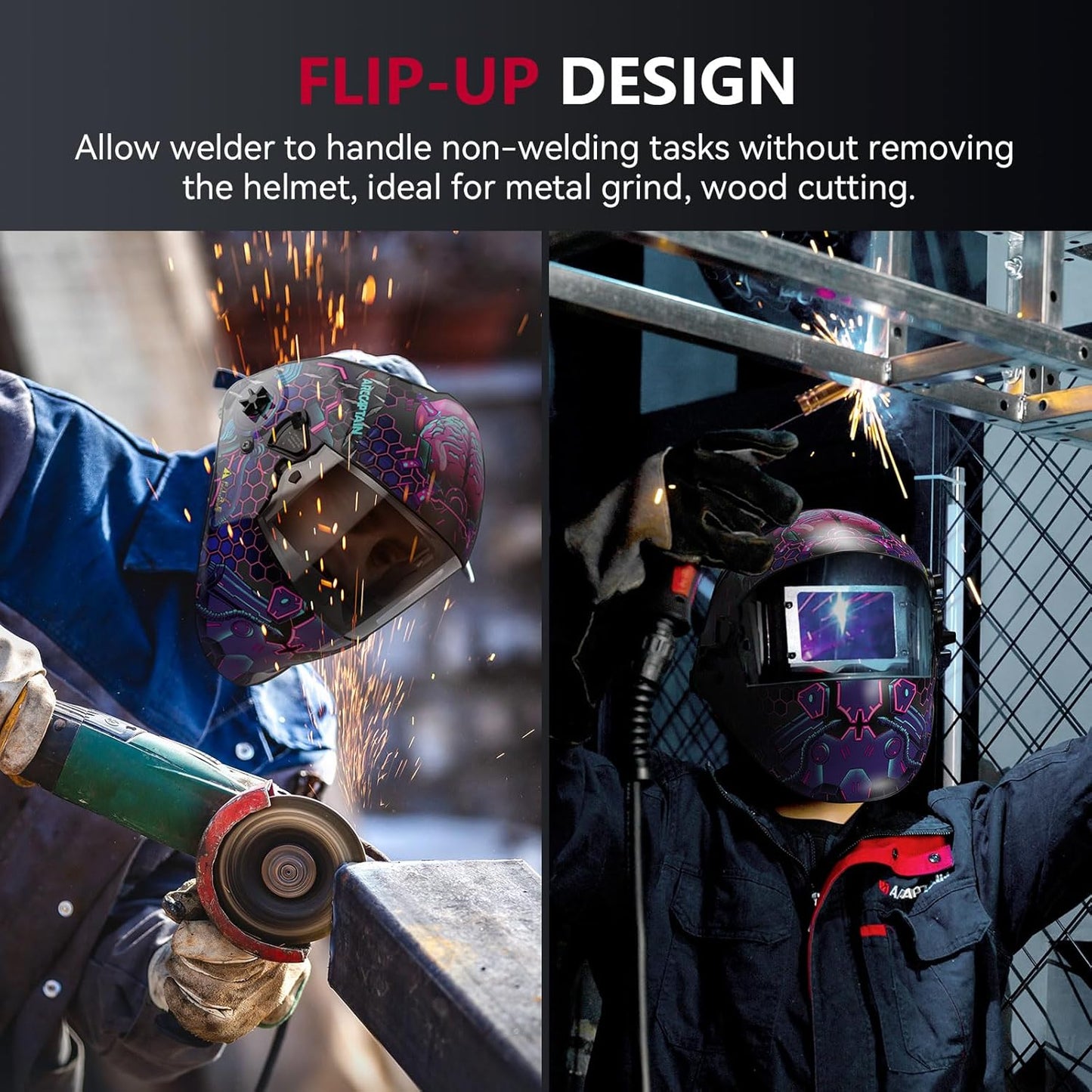 ARCCAPTAIN Flip Up Design Welding Helmet, Large Viewing 3.94" x 2.56" Auto Darkening Welding Hood, Ture Color Solar Powered Welding Mask, 4 Arc Sensor with Adjustable Shade 3/4-8/9-13, Cyberpunk