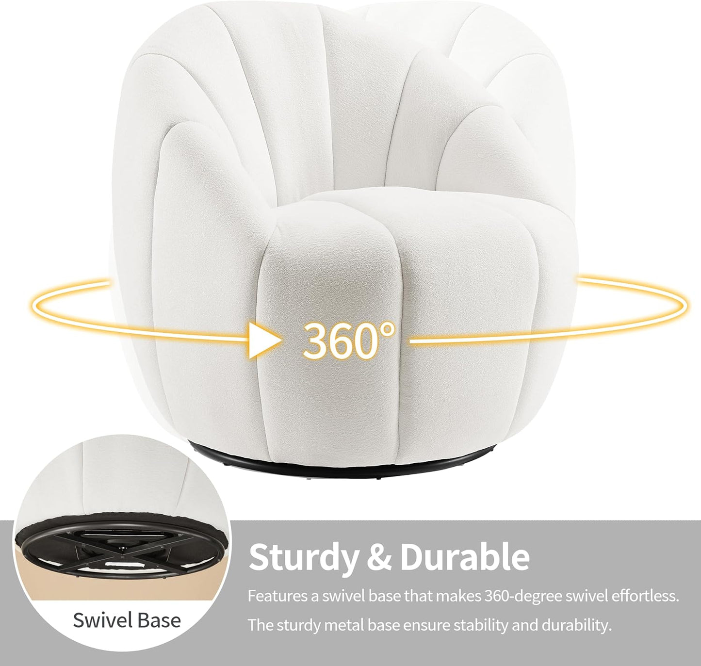 Art Leon Swivel Accent Chair, Modern Fabric Upholstered Barrel Chair, Round Comfy Armchair with Metal Base for Living Room Bedroom, Off White