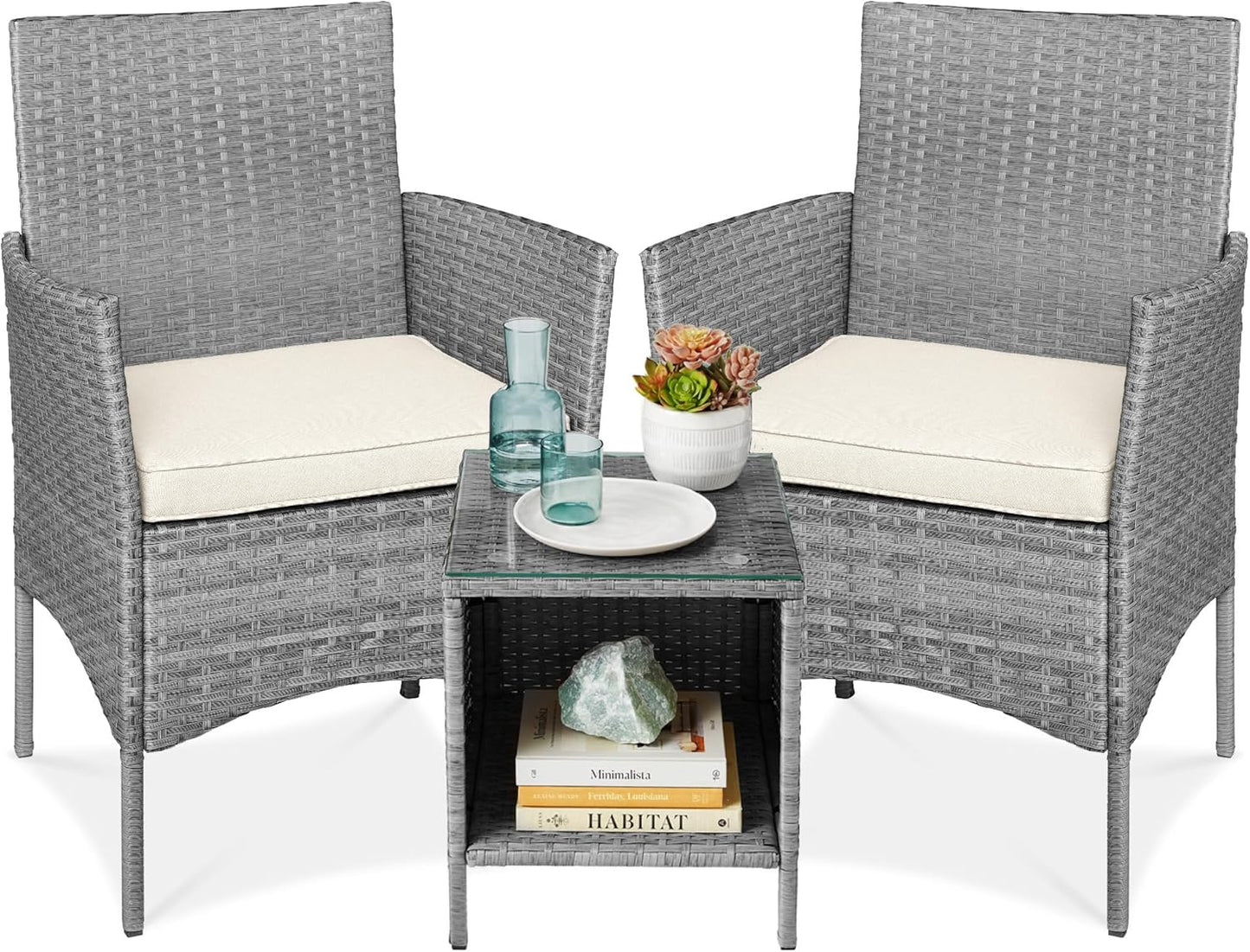 Best Choice Products 3-Piece Outdoor Wicker Conversation Bistro Set, Space Saving Patio Furniture for Garden w/Side Table - Gray/Navy