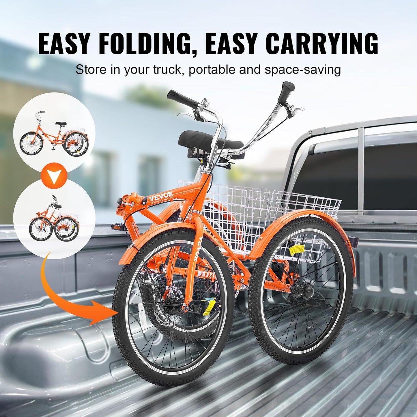 VEVOR Folding Adult Tricycle,Adult Folding Trikes, 3 Wheel Cruiser Bike with Large Basket & Adjustable Seat, Shopping Picnic Foldable Tricycles for Women, Men, Seniors