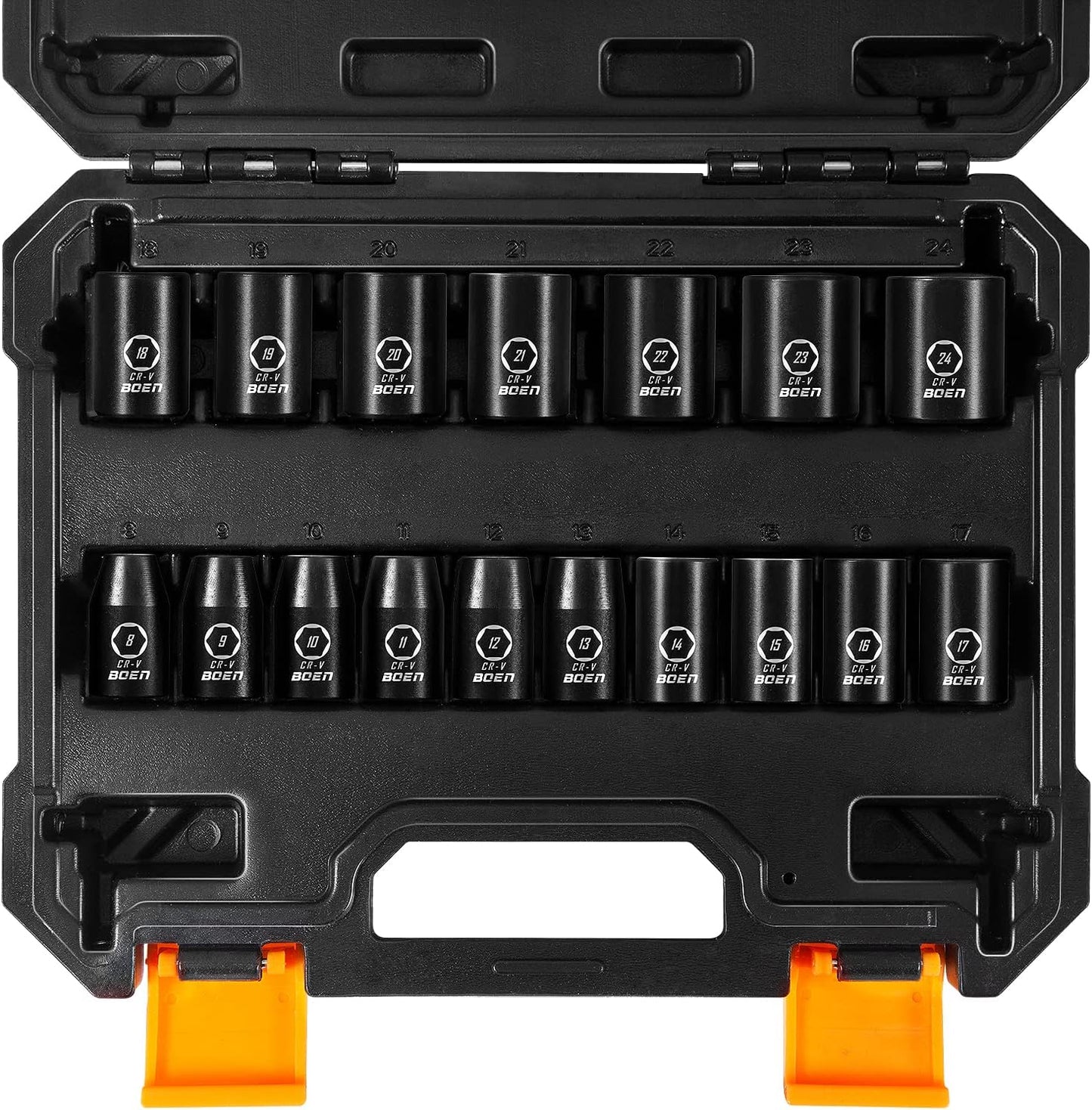 BOEN 1/2" Drive Impact Socket Set, 33 Piece Deep & Shallow Metric Socket Set 8mm to 22mm, Includes 5", 10" Extension Bars, Universal Joint, 6 Point Design, Cr-V Steel, Meets ANSI Standards
