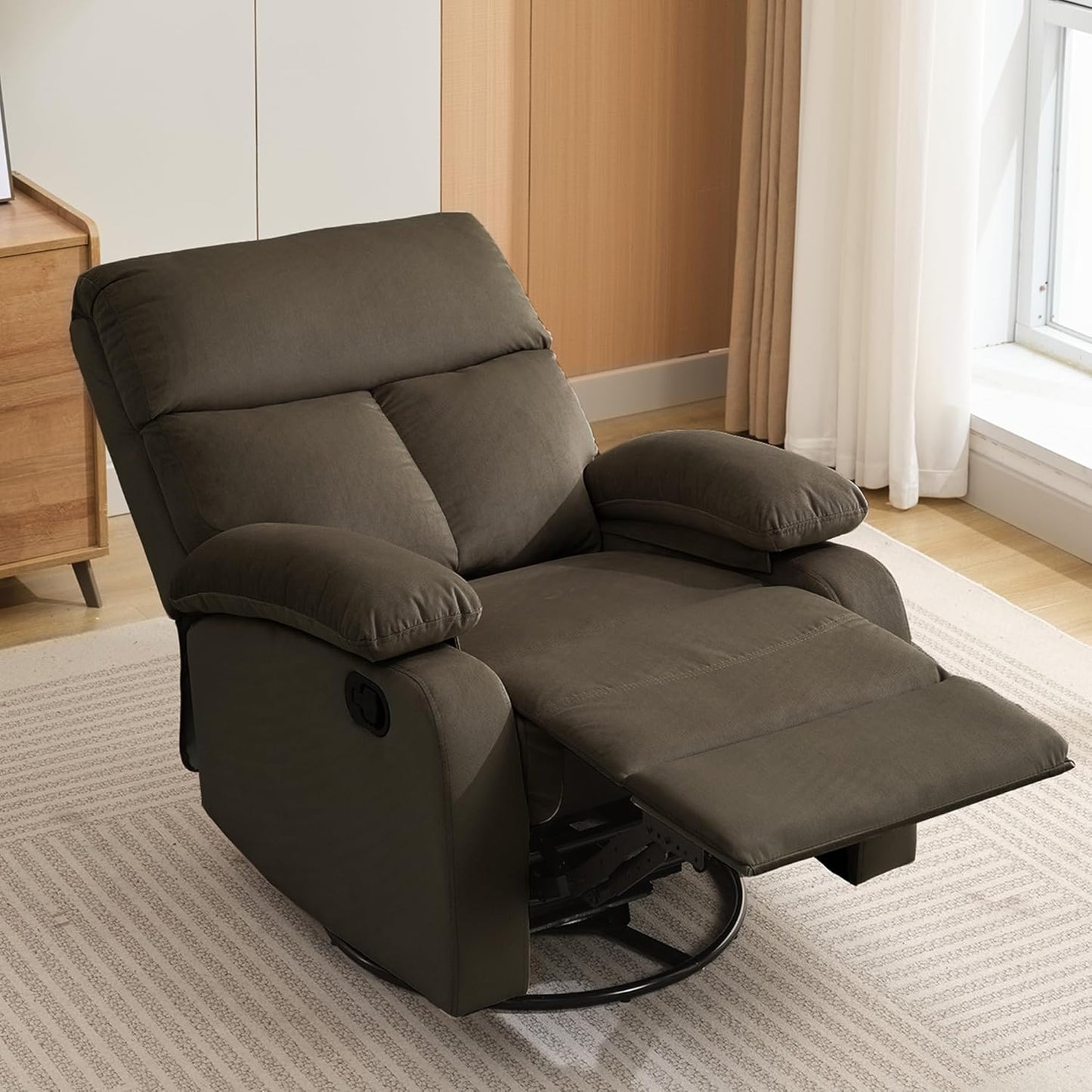 Swivel Rocker Recliner Chair, Small Manual Reclining Chair with Overstuffed Arm and Back, PU Leather Single Sofa Seat for Living Room, Bedroom, Dark Brown