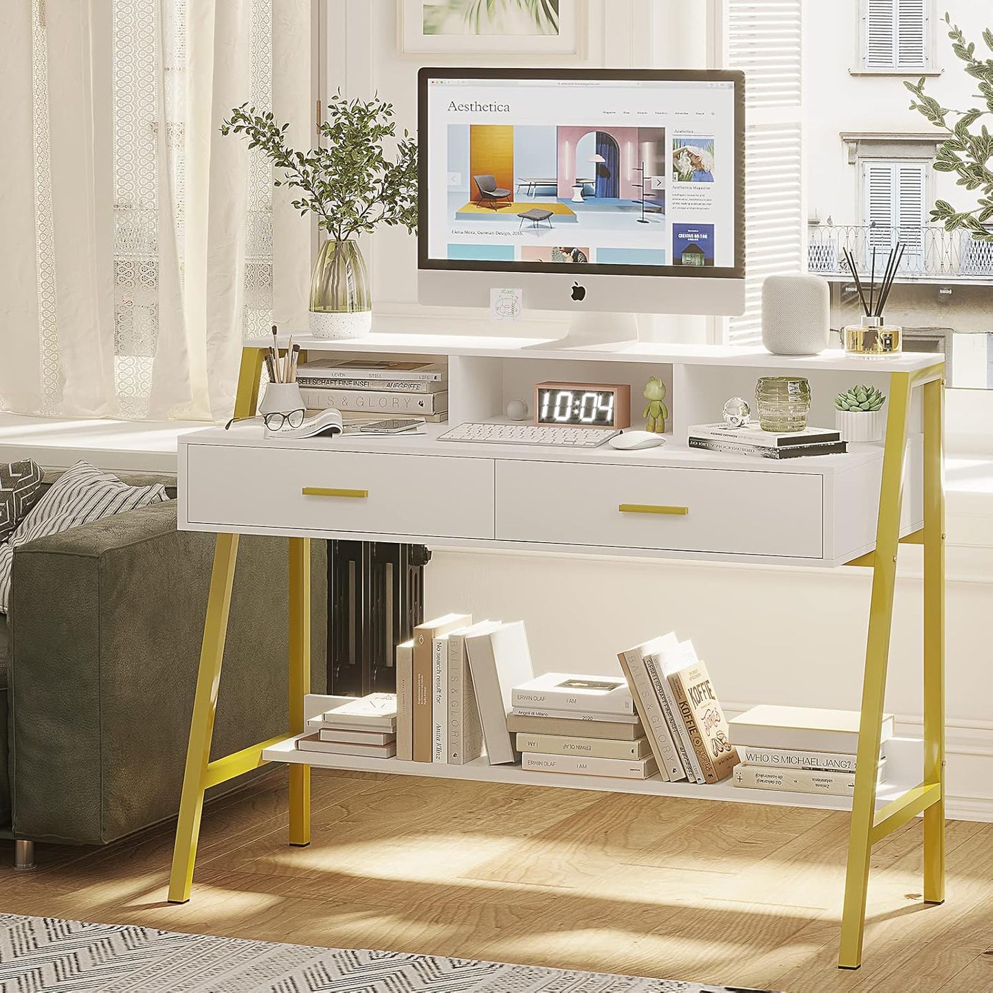 Tiptiper Computer Desk with Drawers, Hutch & Moniter Stand, Home Office Writing Study Desk Workstation Table with Bookshelf, for Work & Study, Small Spaces, White and Gold