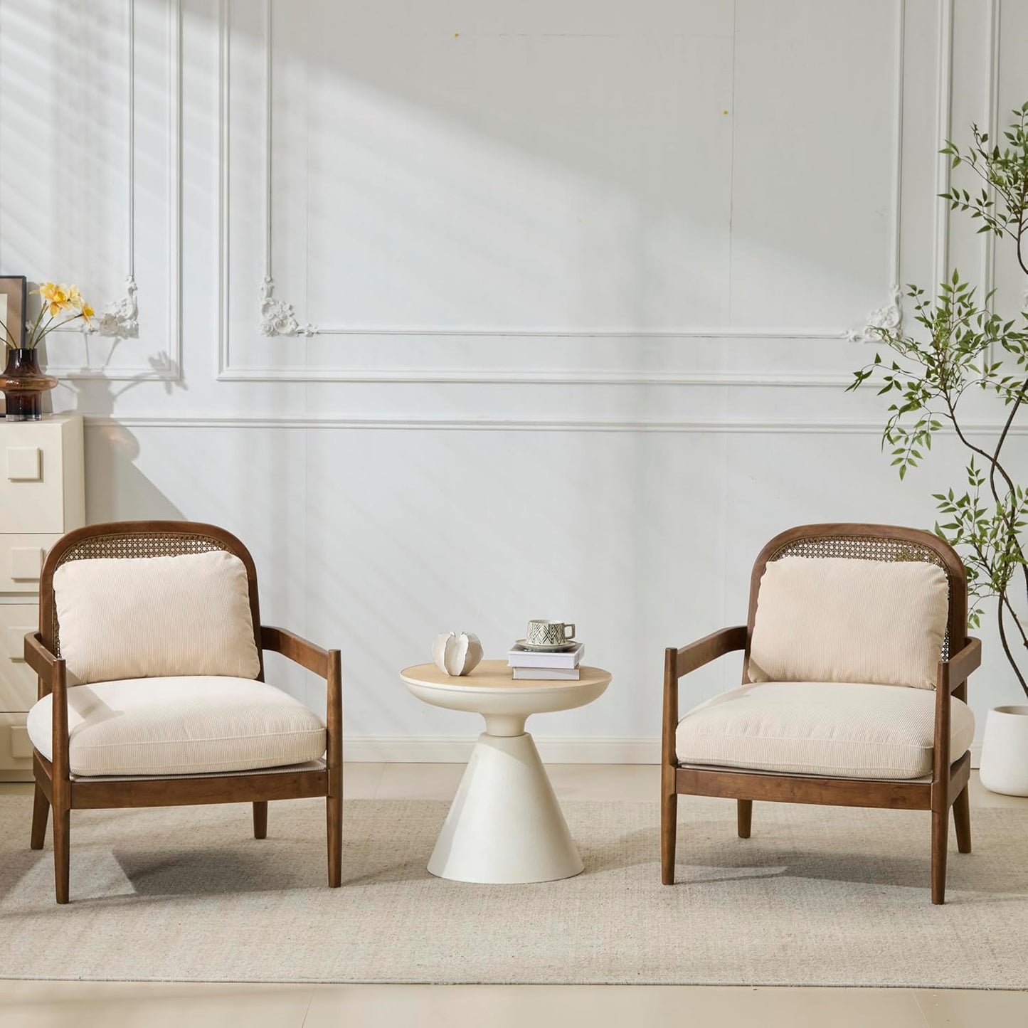 Accent Chairs Set of 2, Mid-Century Modern Accent Chair with Solid Wood Frame and Rattan Backrest, Comfy Armchairs for Living Room, Bedroom, Balcony (Grayish Green+Walnut)