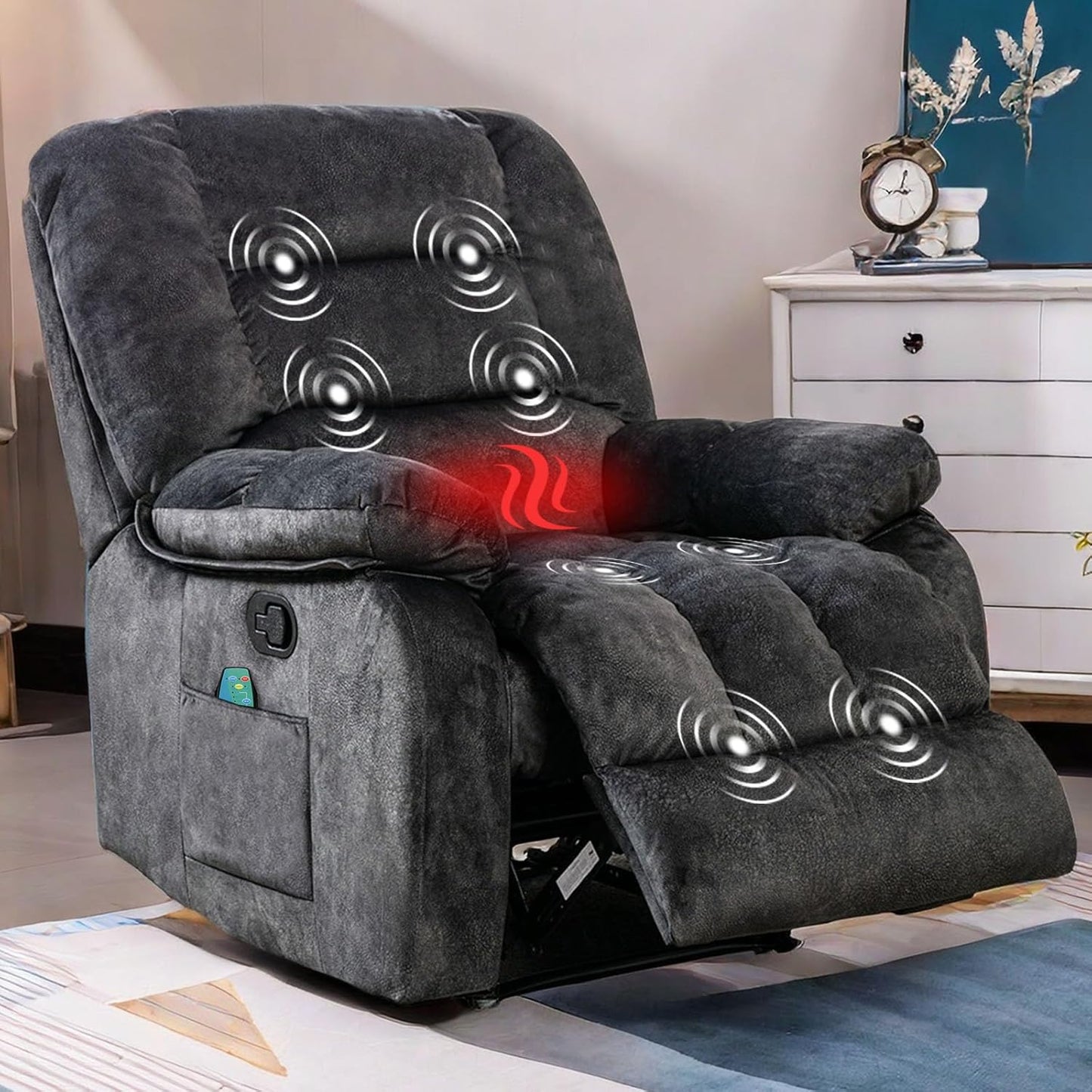 ANJHOME Overstuffed Massage Recliner Chairs with Heat and Vibration, Soft Fabric Single Manual Reclining Chair for Living Room Bedroom (Brown)