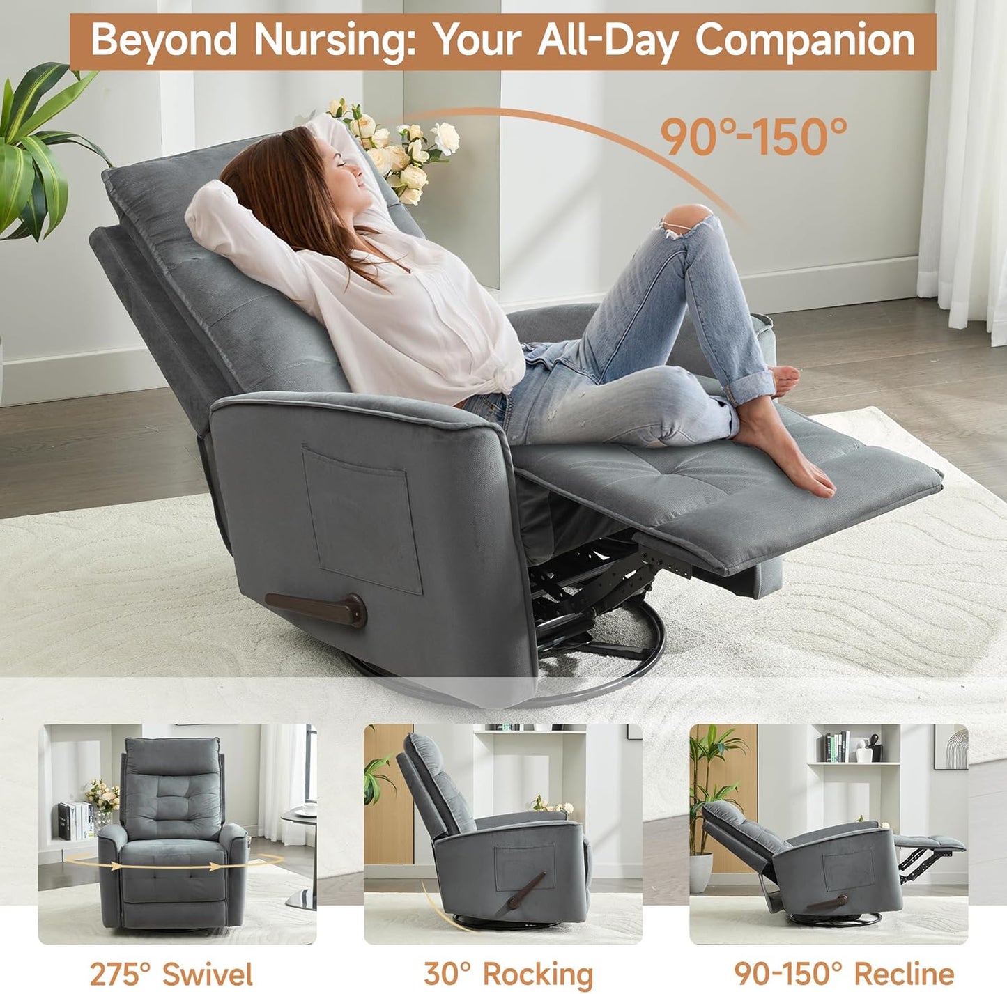 Swivel Rocker Recliner Chair for Adults, Glider Rocking Chair for Nursery, Small Recliner Chair for Small Spaces, RV, Living Room(Grey)
