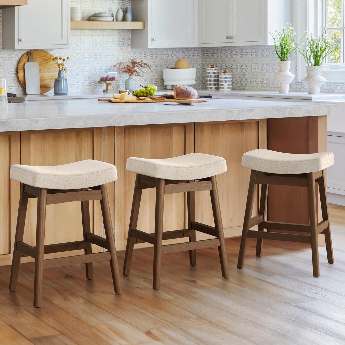 Bar Stools Set of 3, Barstools with Sturdy Wood Legs, Saddle Seat Counter Height Bar Stools for Kitchen Counter, Bar, Dining, 24 Inch Farmhouse Counter Stools, Antique White Leather