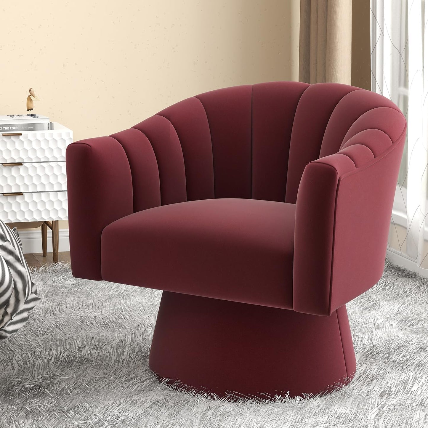 Swivel Accent Chair,Upholstered Velvet 360° Swivel Barrel Chair for Living Room Overstuffed Bouncle Reading Chair Round Armchair for Bedroom,Vanity,Office(Pink)