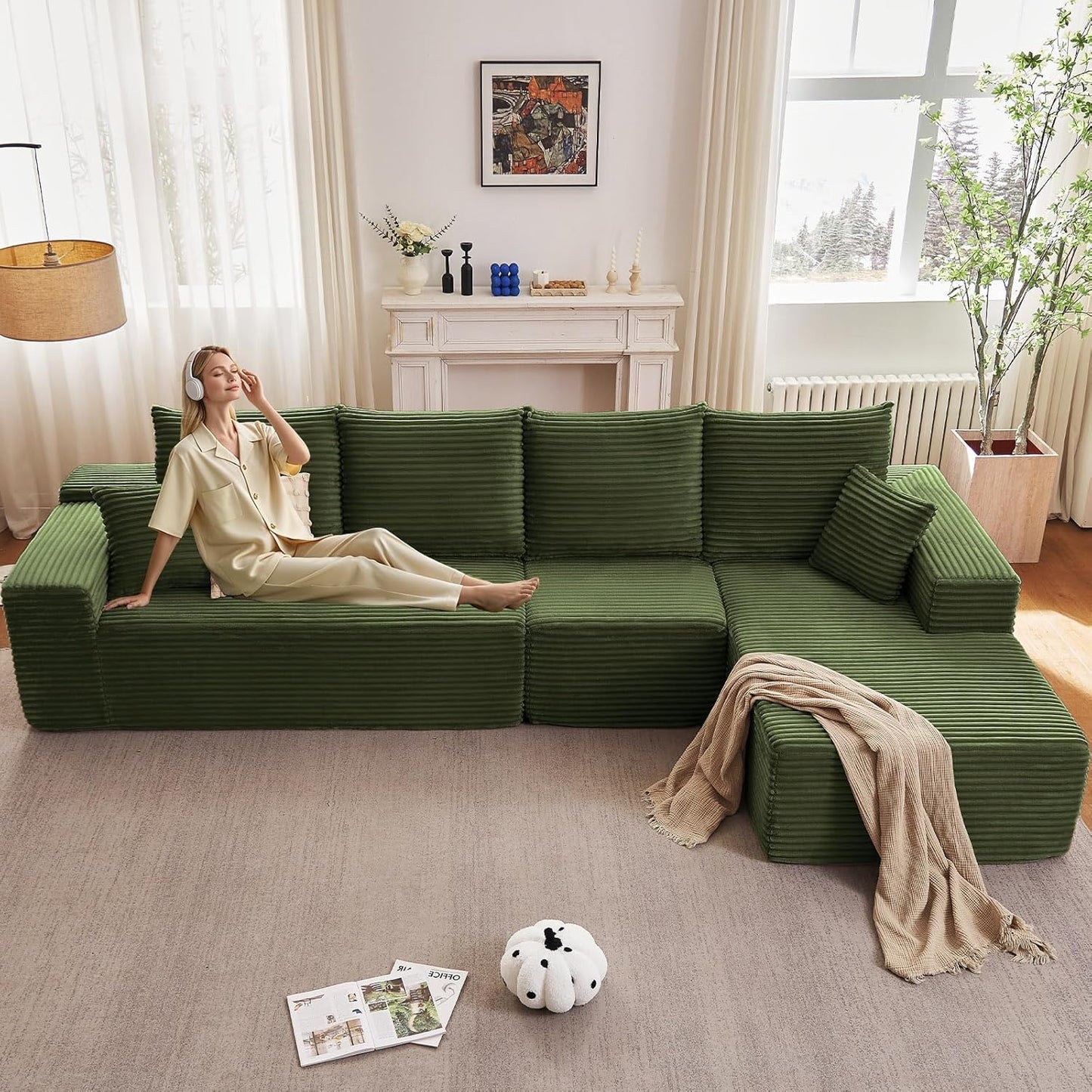 107" Modular Sectional Couches for Living Room, Comfy Boneless L Shaped Cloud Couch with Chaise Lounge, Modern Cozy Corduroy Deep Seat Floor Sofa, Memory Foam, No Assembly Required, Black