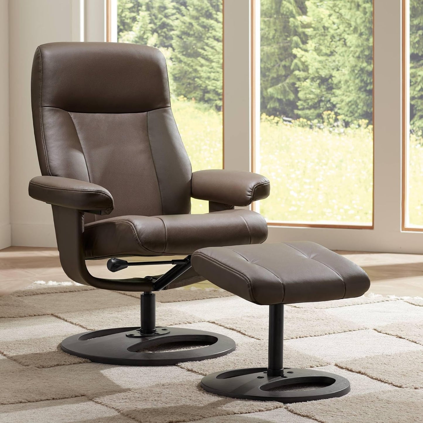 Benchmaster Bruce Bermuda Gray Faux Leather Recliner Chair Modern with Ottoman Footrest Ergonomic Manual Reclining Swivel for Bedroom Living Room Reading Home Relax Den Office Entryway
