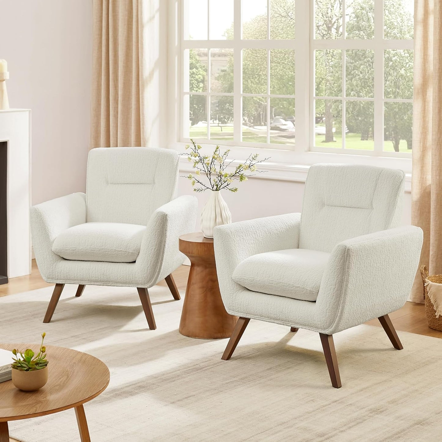 Art Leon Modern Accent Arm Chair - Fabric Upholstered Single Sofa Lounge with Wood Grain Metal Legs for Living Room Bedroom, White