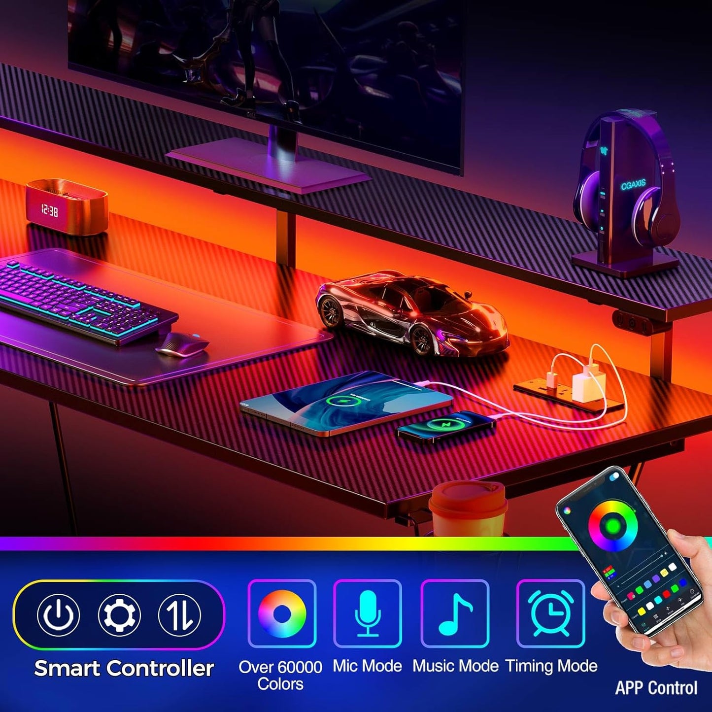 SEVEN WARRIOR Z Shaped Gaming Desk with LED Lights & Power Outlets, 47" Computer Desk with Monitor Shelf, Home Office Desk with Cup Holder and Headphone Hook, Ergonomic, Carbon Fiber Surface Black