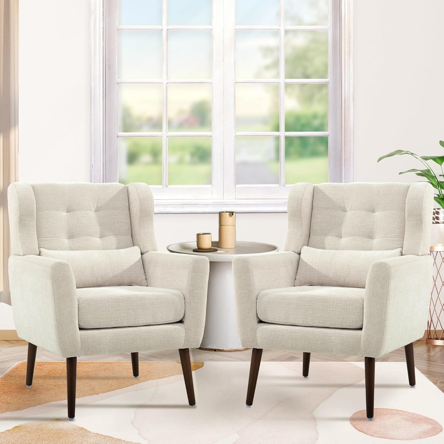 Accent Chair Set of 2, Upholstered Armchair with Pillow, Fabric Single Sofa Chair with Lounge Seat and Wood Legs Accent Chair for Living Room Small Spaces (Grey, Set of 2)