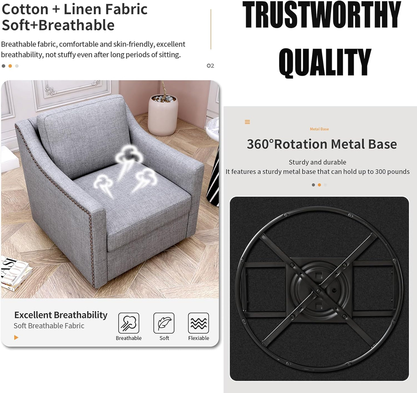 Swivel Barrel Chair Set of 2, Oversized Swivel Accent Chair with Comfy Back Pillow, Modern Upholstered Reading Lounge Chairs for Living Room Bedroom Office Club, Light Grey Linen