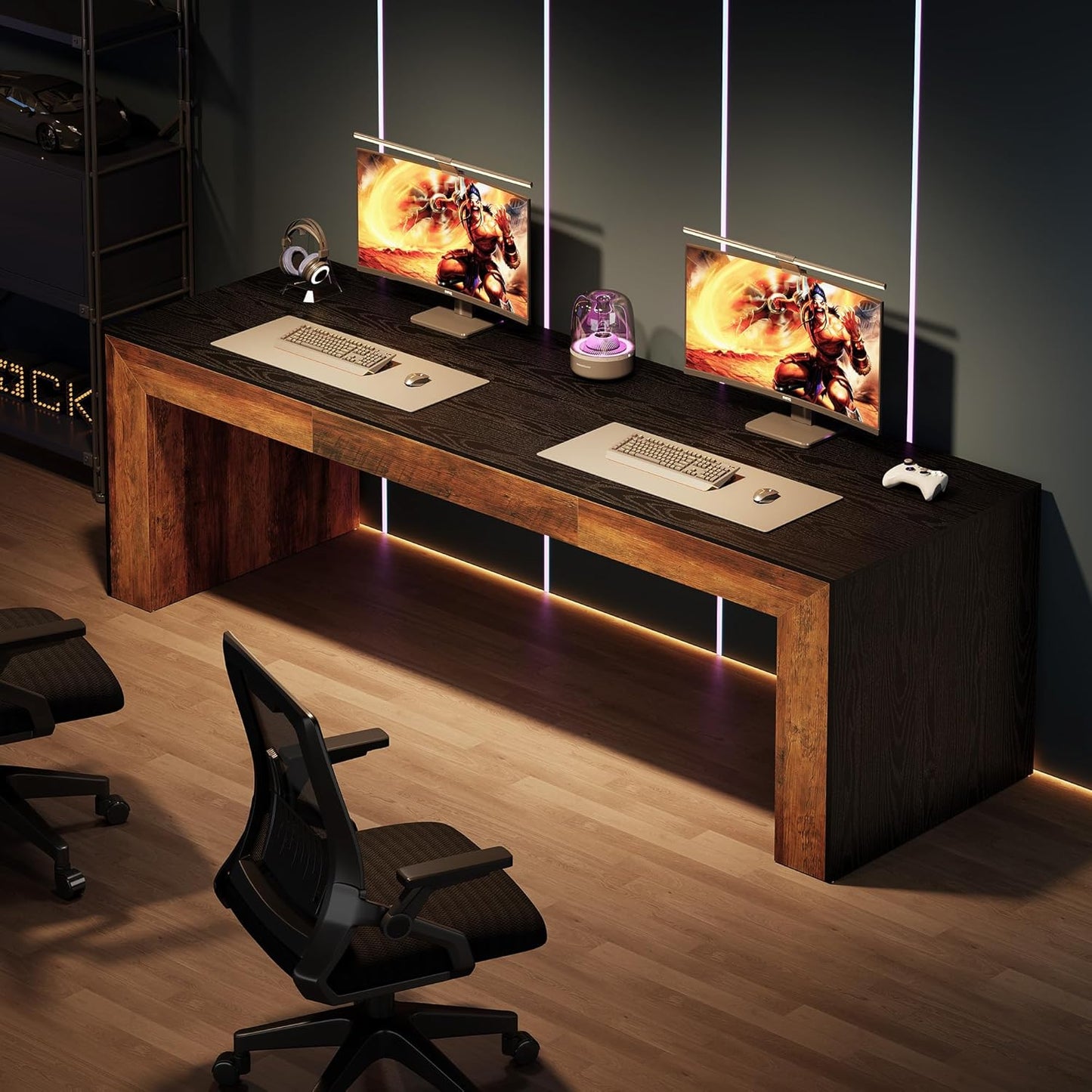 Tribesigns 86.6-Inch Long Computer Desk for 2 People, Farmhouse Executive Desk with Wooden Desktop and Legs, Large Workstations Writing Table Gaming Table for Home Office, Heavy Duty, Black + Brown
