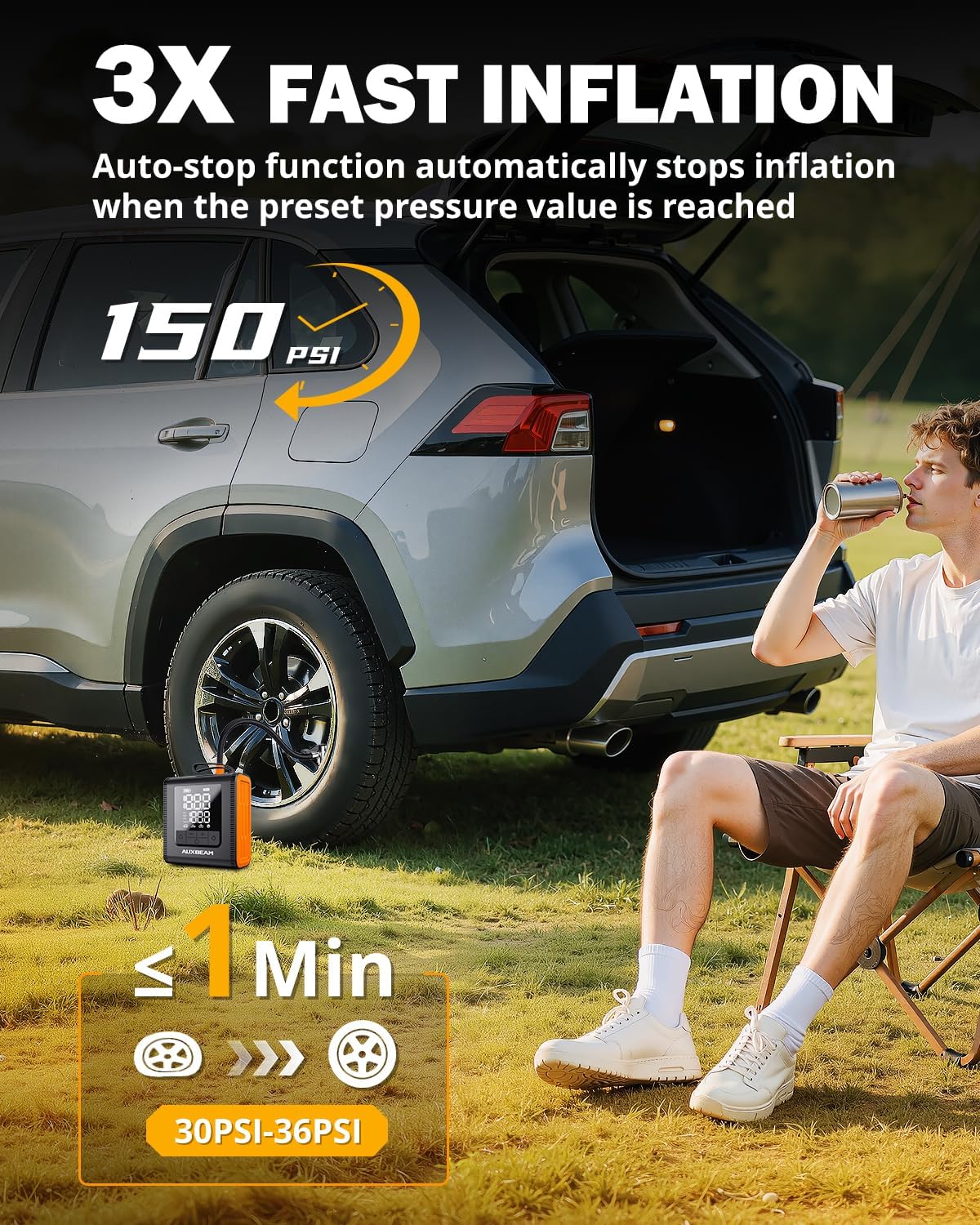AUXBEAM H4Pro Tire Inflator Portable Air Compressor,150PSI 2 in 1 Rechargeable 5200mAh Car Tire Inflator Portable 4 Preset Inflation Modes 12V Air Pump With LCD Screen for Car, Motorcycle, Bike, Ball