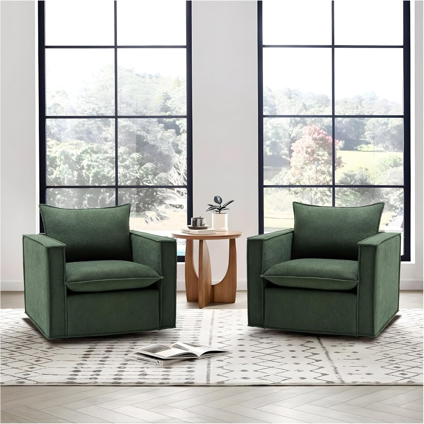 Swivel Accent Chair, 34 Inches Wide Upholstered Arm Chair with Plump Back Pillow, Modern Sofa Living Room Chair for Bedroom, Corner, Reading Nook-Beige