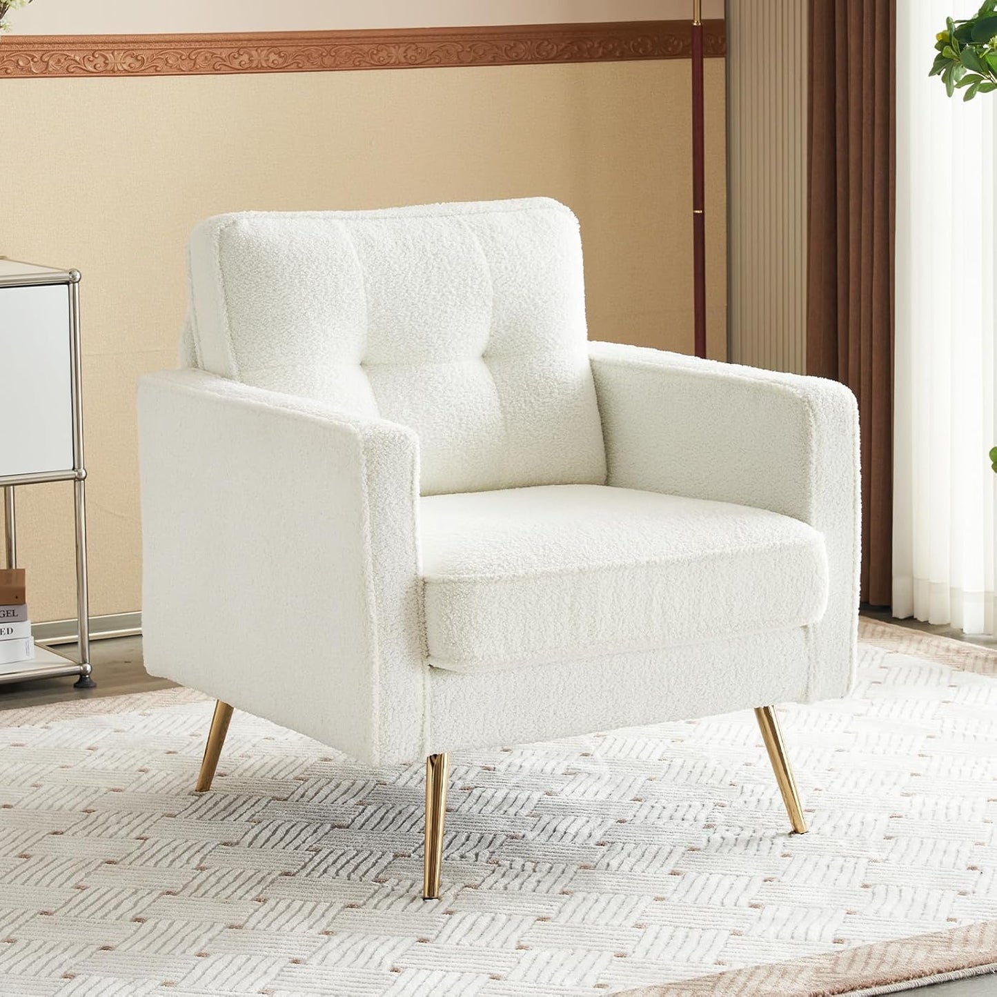 Bonnlo Modern Accent Chair, PU Leather Comfy Arm Chair Reading Chair with Golden Metal Legs and Deep Seat for Living Room Bedroom (Cognac, 56.7''W)