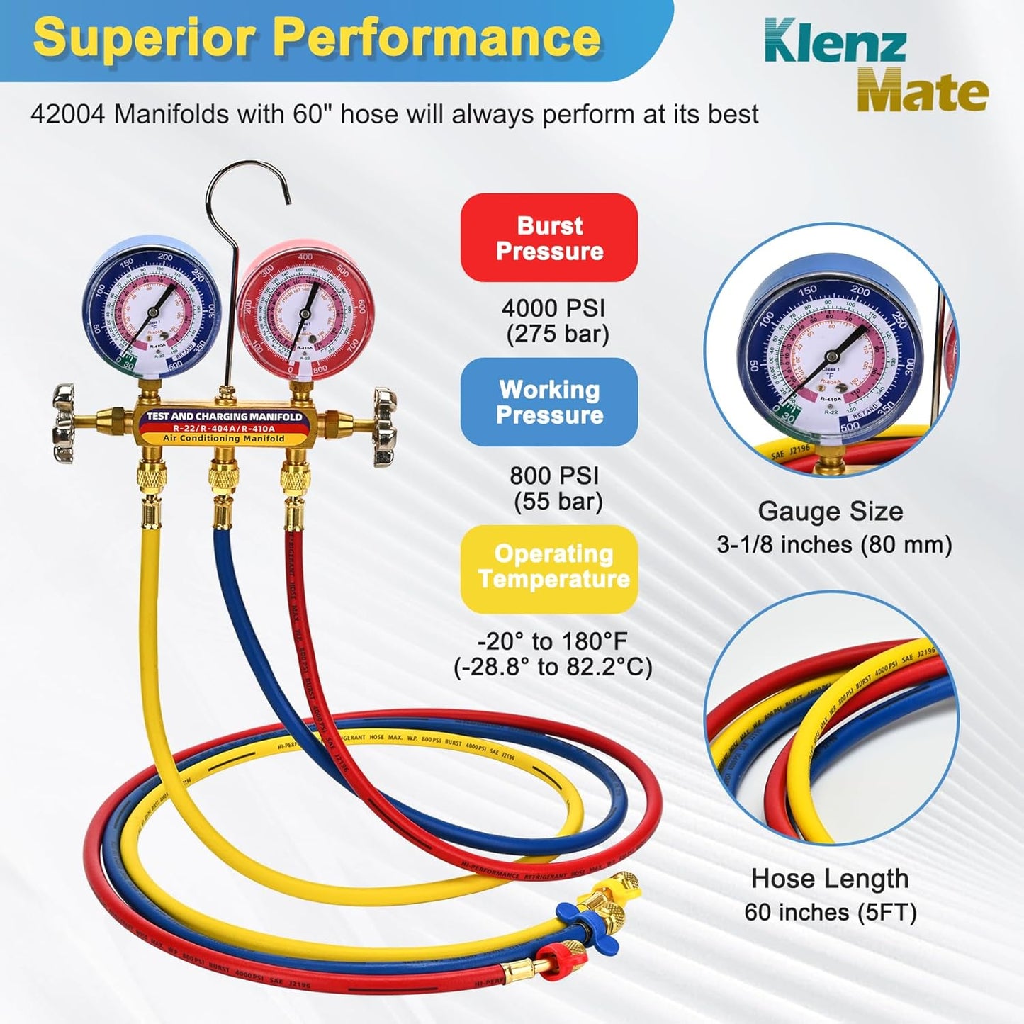 42004 Test and Charging Manifold with 3-1/8" (80 mm) Gauges, 1/4" Standard Flare Fitting, HVAC Color-Coded Gauges with 60" Hoses, 2-Valve, HVAC Manifold for R-22/404A/410A, Yellow/Red/Blue