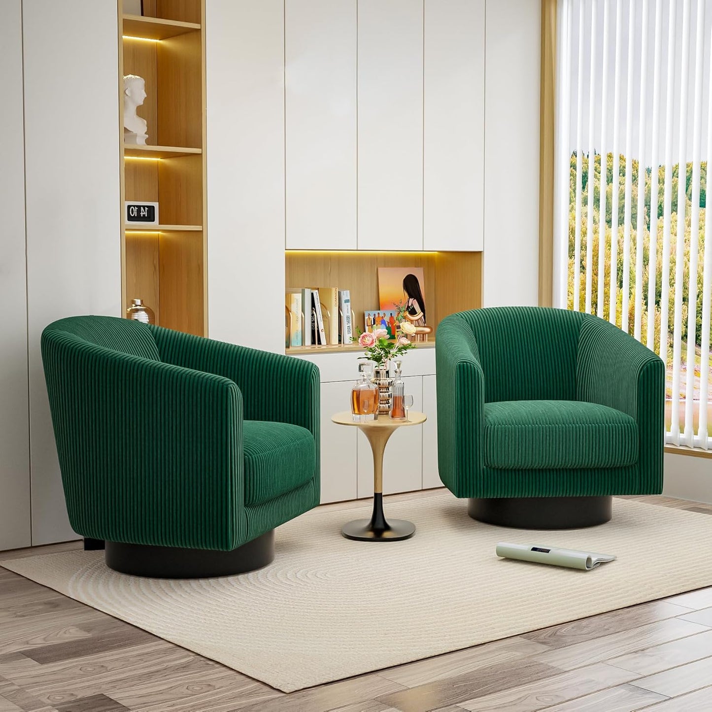 Swivel Accent Chairs Set of 2, 360° Bucket Chair, Modern Upholstered Barrel Armchair, Comfy Corduroy Single Sofa for Living Room Bedroom. Forest Green
