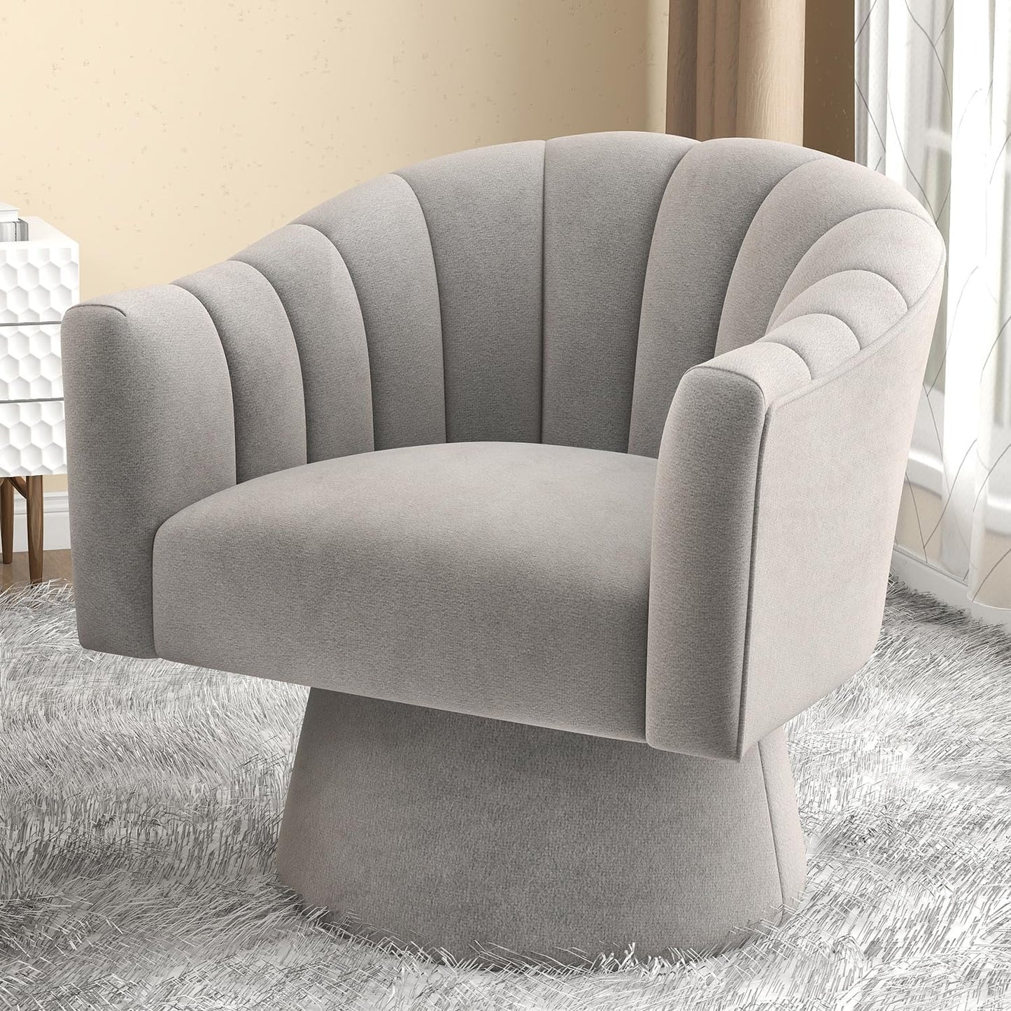 Swivel Accent Chair,Upholstered Velvet 360° Swivel Barrel Chair for Living Room Overstuffed Bouncle Reading Chair Round Armchair for Bedroom,Vanity,Office(Pink)