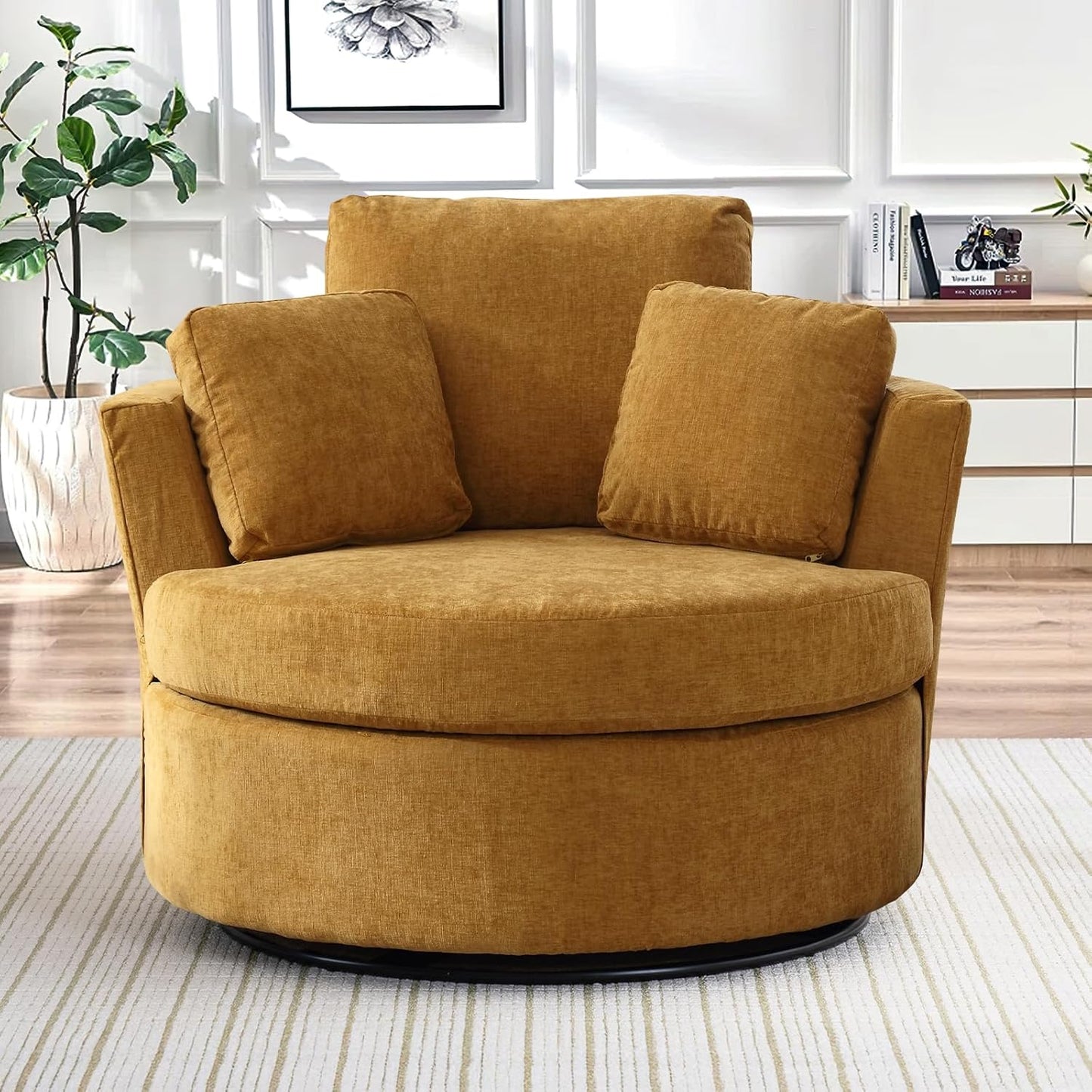 40" W Modern Grey Swivel Barrel Chair with 360° Round Metal Base & Plush Corduroy Pillows & Thick Cushion, Comfy Large Accent Chaise Longue for Living Room, Bedroom Club Reading Armchair (Gray)