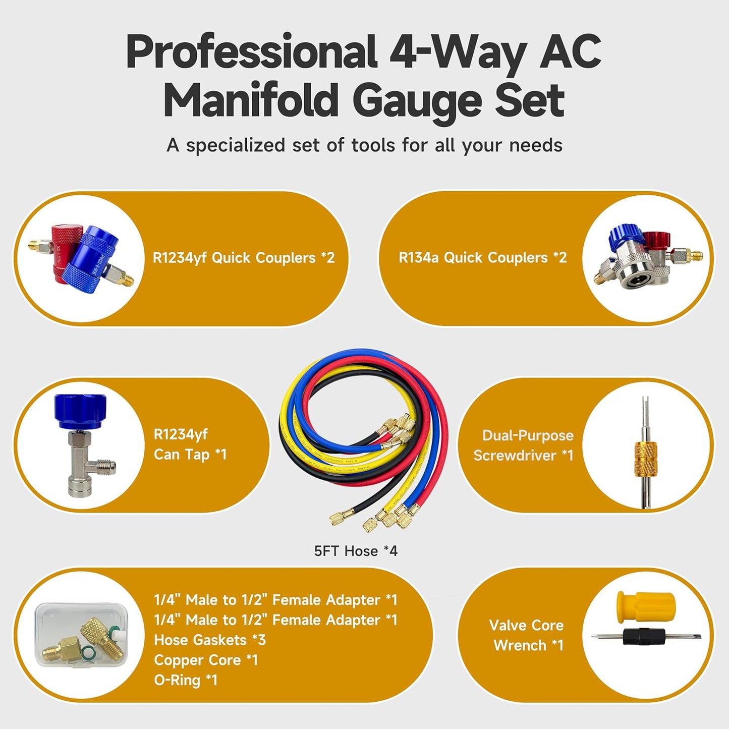 BACOENG AC R1234YF Gauge Set, Automotive 4 Way R1234yf Refrigerant Recharge Kit, R134A AC Manifold Gauge Set with 5FT Hoses for Car Charging and Evacuation