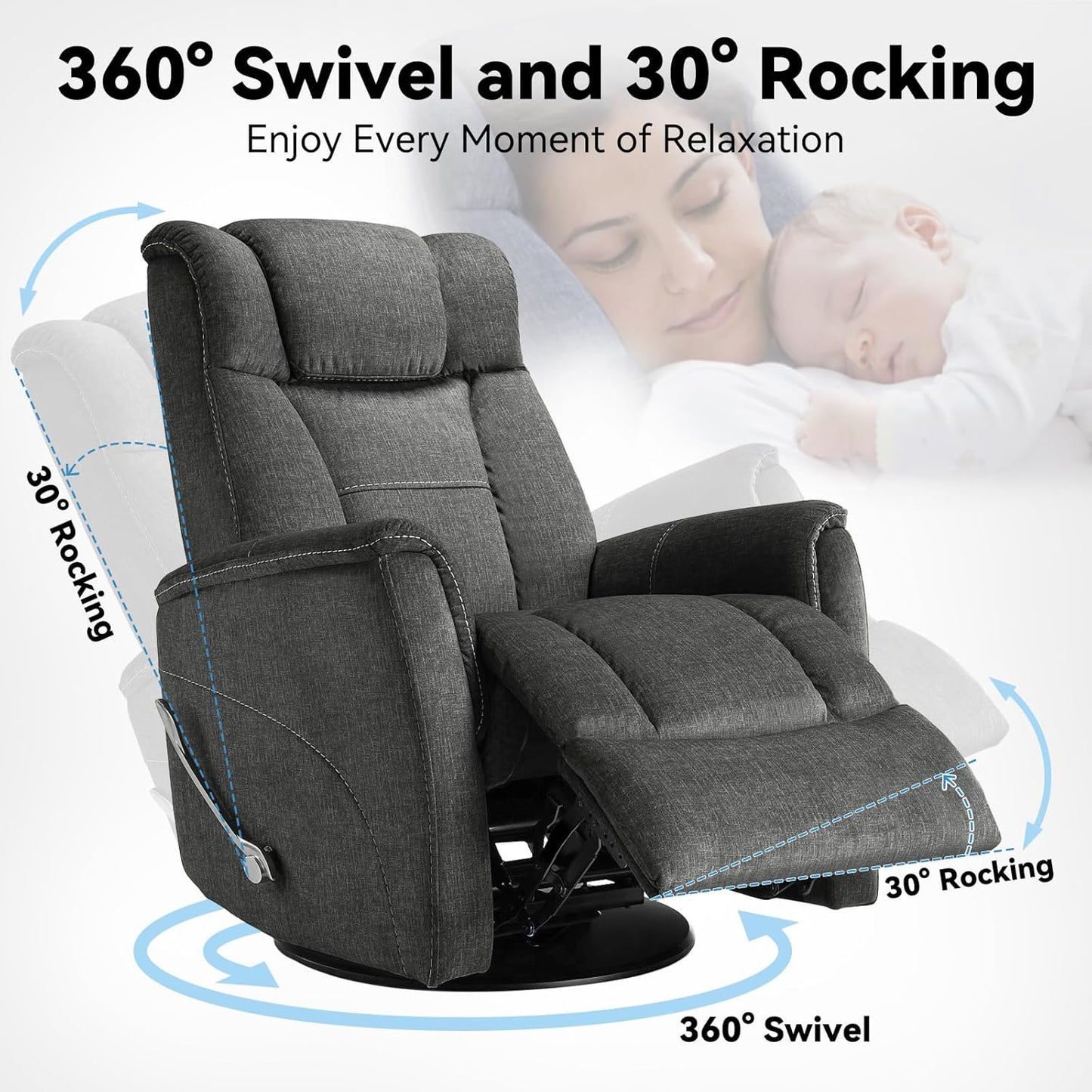360° Swivel Rocking Recliner, Manual Comfy Nursery Glider Rocker Chair for Indoor Bedroom, Upholstered Soft Fabric Living Room Reclining Chair with Lumbar Support for Adults (Dark Gray)