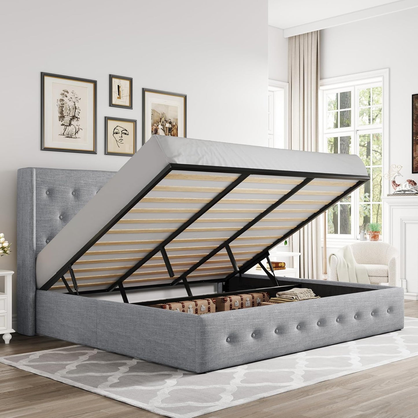 Allewie King Size Lift Up Storage Bed, Modern Wingback Headboard, Hydraulic Support, No Box Spring Needed, Light Beige