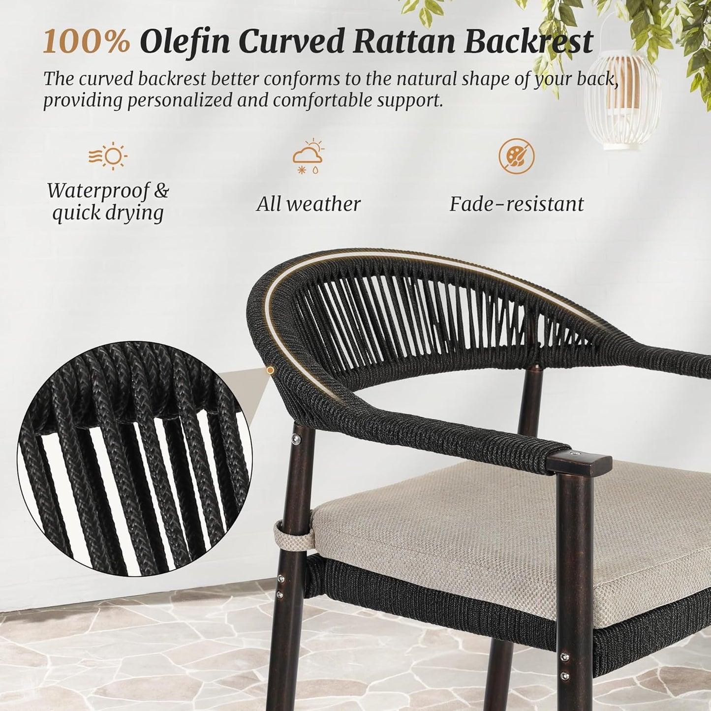Bar Stools Set of 4, 24.8'' Aluminum Outdoor Bar Stool with Removable Cushion, Boho Rattan BarStools, Olefin Rope Woven Bar Chairs with Footrest for Patio, Garden, Pool, Kitchen, Black