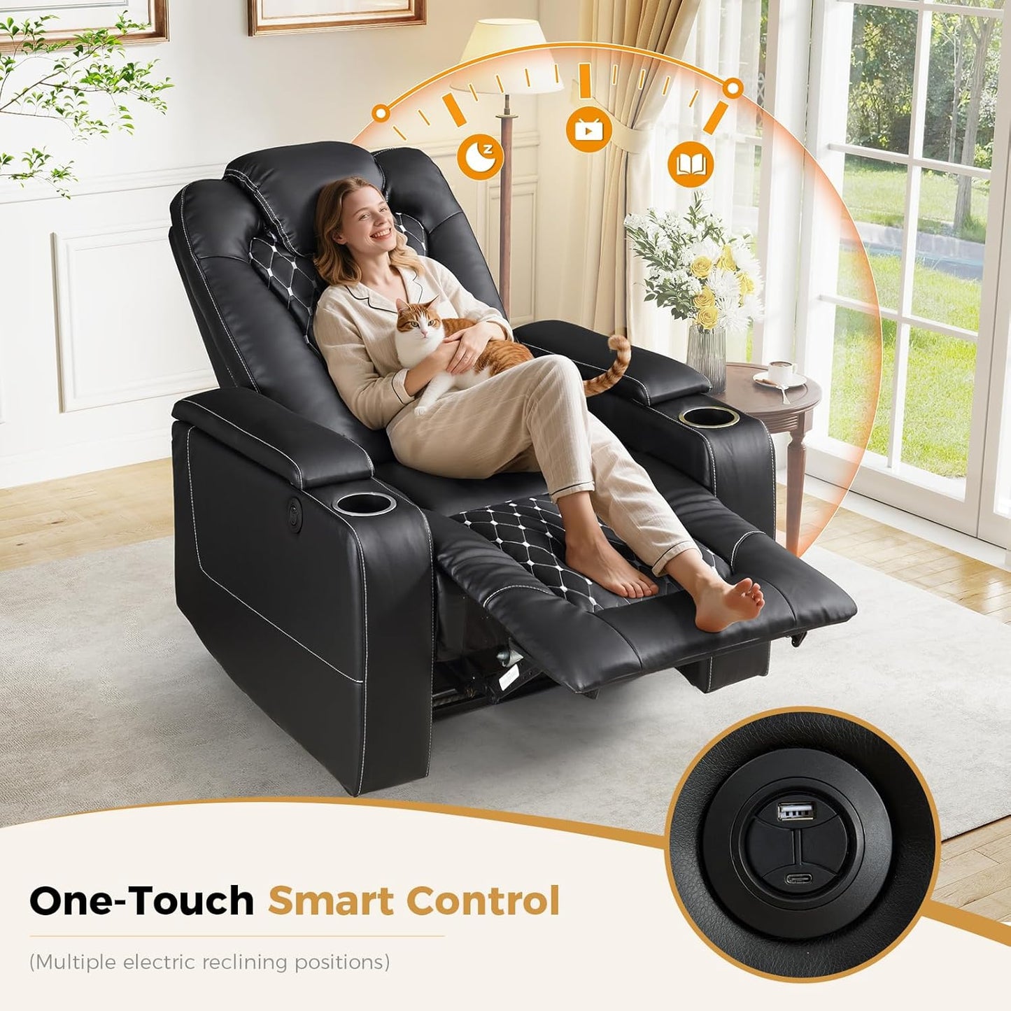 ANJ Power Recliner Chair with USB Ports and Cup Holders - Overstuffed Electric Home Theater Seating PU Leather Reclining Furniture with Hidden Arm Storage, Easy to Clean (Black)