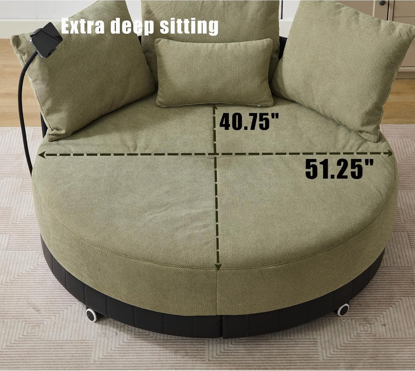 SLEERWAY Oversized Round Swivel Accent Chair, Large Circle Barrel Chair and A Half, Comfy Upholstered Lazy Sofa Couch with Phone Stand/Wheels, Chaise Lounge Daybed for Living Room, Bedroom, Green