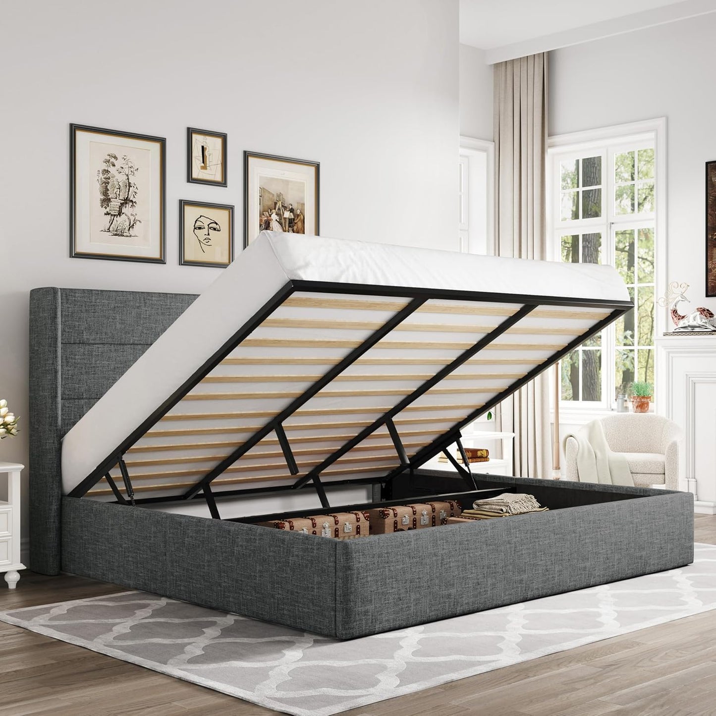Allewie King Size Lift Up Storage Bed, Modern Wingback Headboard, Hydraulic Support, No Box Spring Needed, Light Beige
