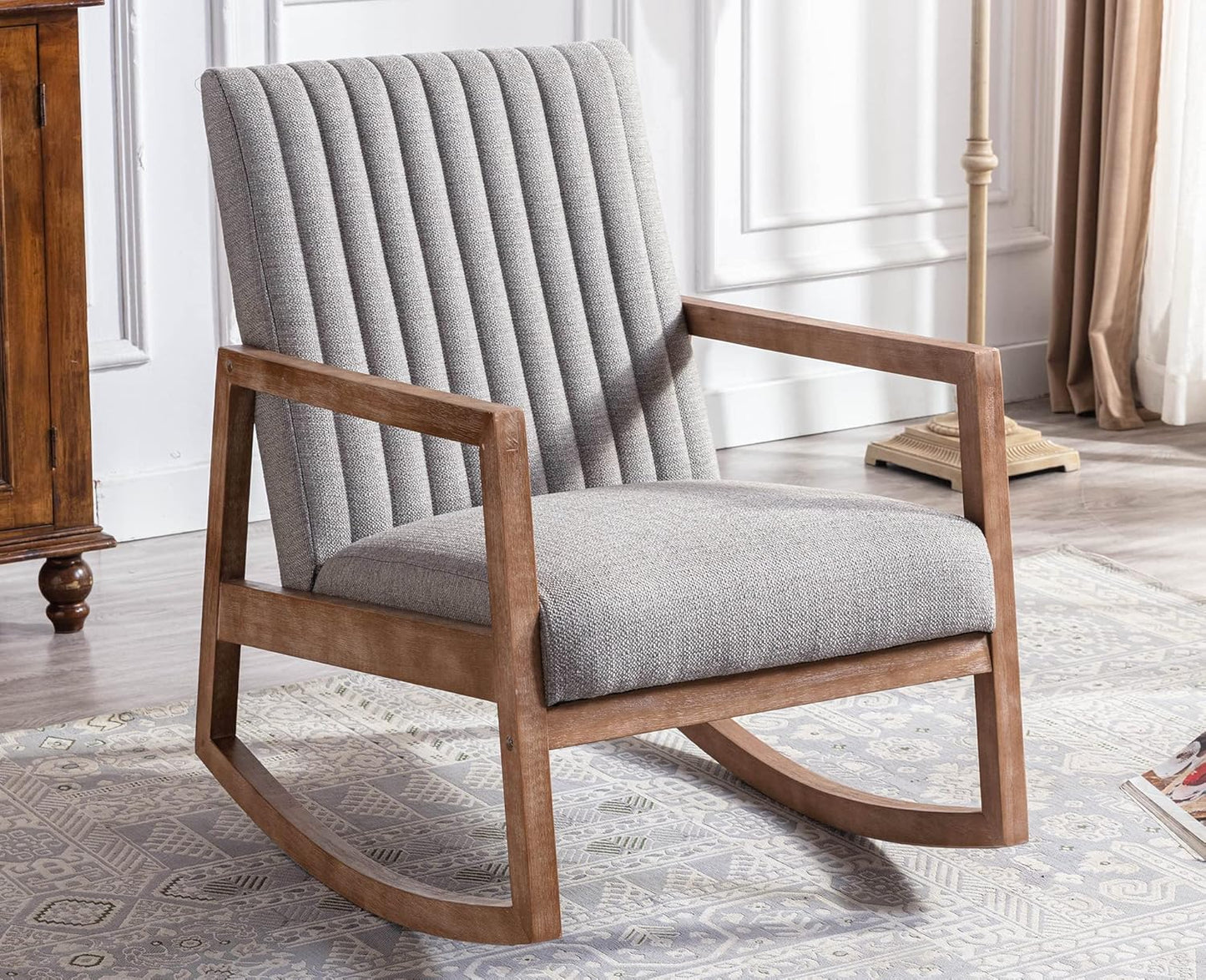 VESCASA Upholstered Linen Rocking Chairs with Channel-Tufted Back, Mid-Century Modern Comfy Rockers with Light Walnut Wood Frame for Nursery Living Room Bedroom Reading, Set of 2, Grey