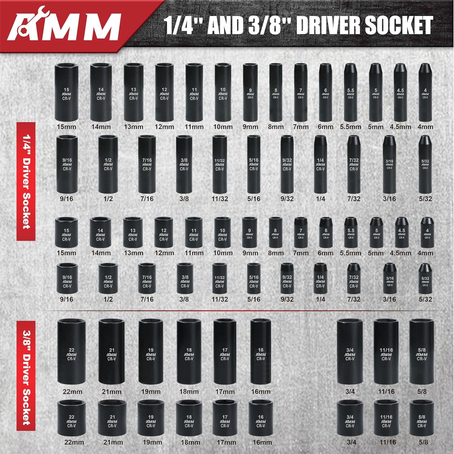 AMM 123Pcs Impact socket set,1/4”3/8”Drive Deep&Shallow Socket wrench set,6 Point Metric&Standard Full 5/32"-3/4",4-22mm with Spark plug sockets,72T Ratchet handle,Screwdrivers,for Automotive&Home