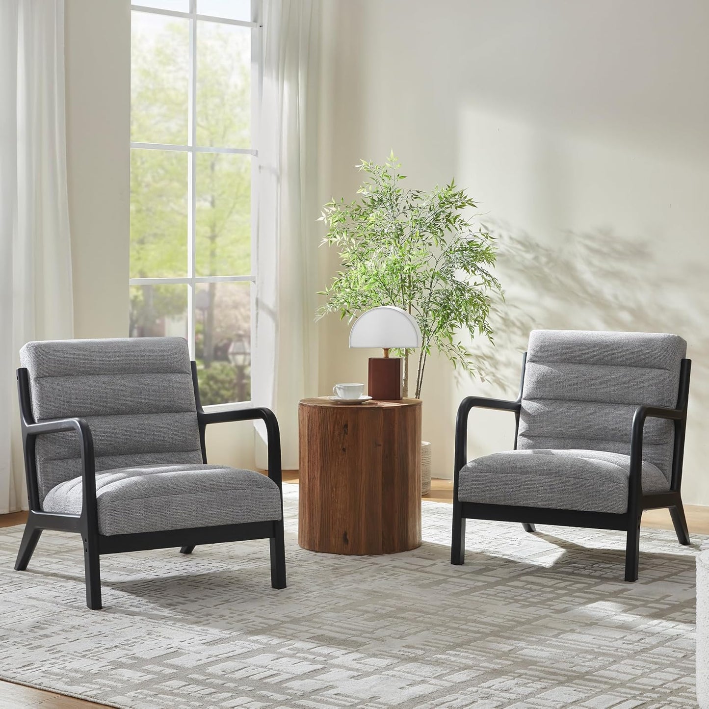 VKNOW Accent Chairs with Rubberwood Frame Accent Chairs Set of 2, Mid-Century Modern Upholstered Reading Armchair, High Back Lounge Armchair Living Room Chair for Bedroom Reading Room, Light Brown
