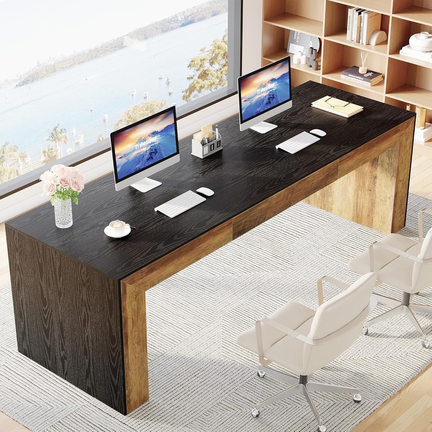 Tribesigns 86.6-Inch Long Computer Desk for 2 People, Farmhouse Executive Desk with Wooden Desktop and Legs, Large Workstations Writing Table Gaming Table for Home Office, Heavy Duty, Black + Brown
