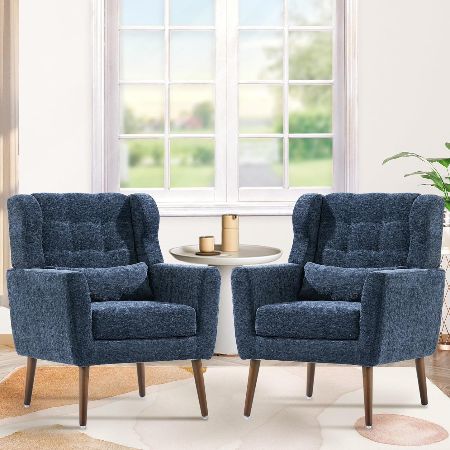 Accent Chair Set of 2, Upholstered Armchair with Pillow, Fabric Single Sofa Chair with Lounge Seat and Wood Legs Accent Chair for Living Room Small Spaces (Grey, Set of 2)
