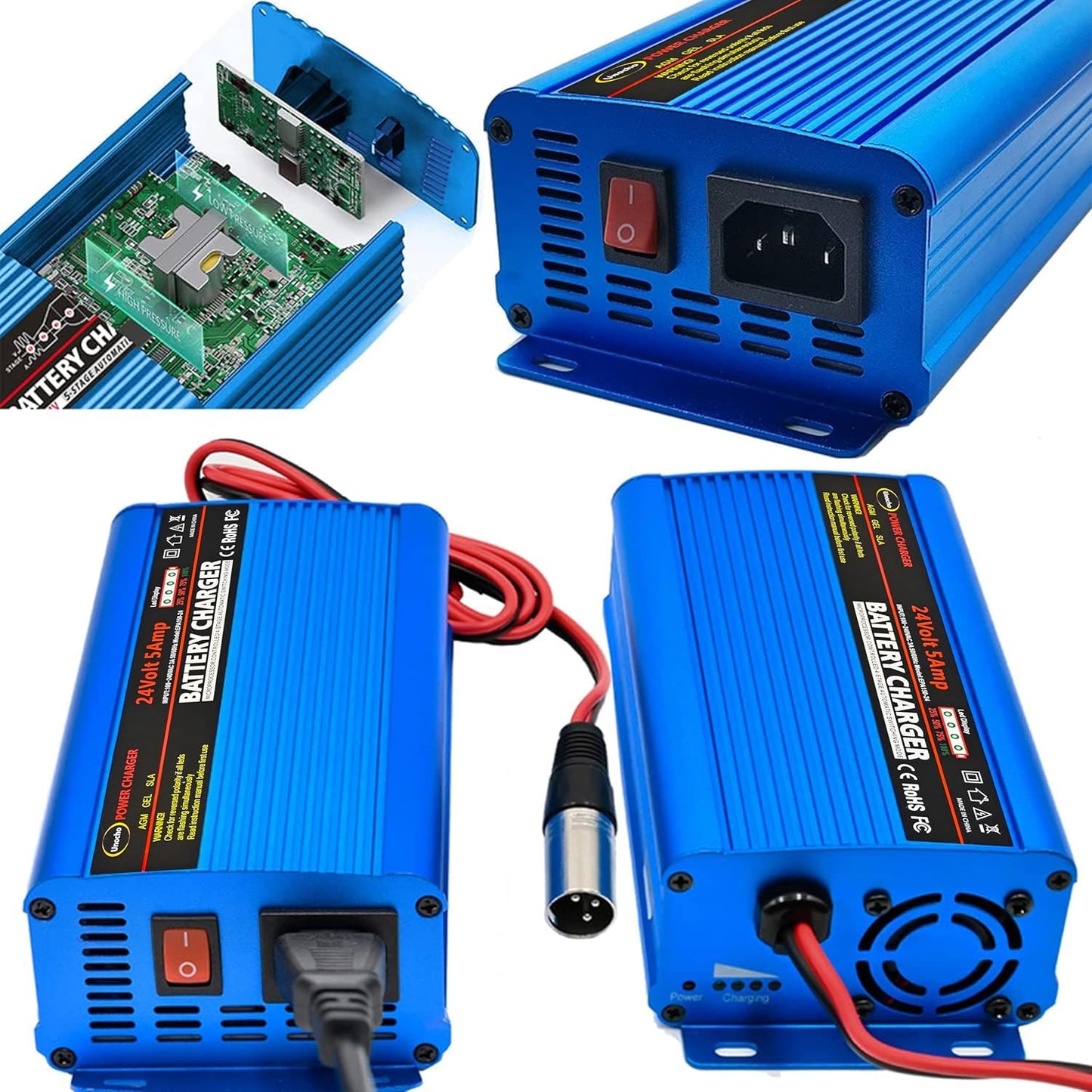 24V Battery Charger Automatic Smart Charger 5A trickle Charger and I/O Switch 3 pin XLR Connector for Charging AGM Gel Lead-Acid Batteries for Cars wheelchairs Boats