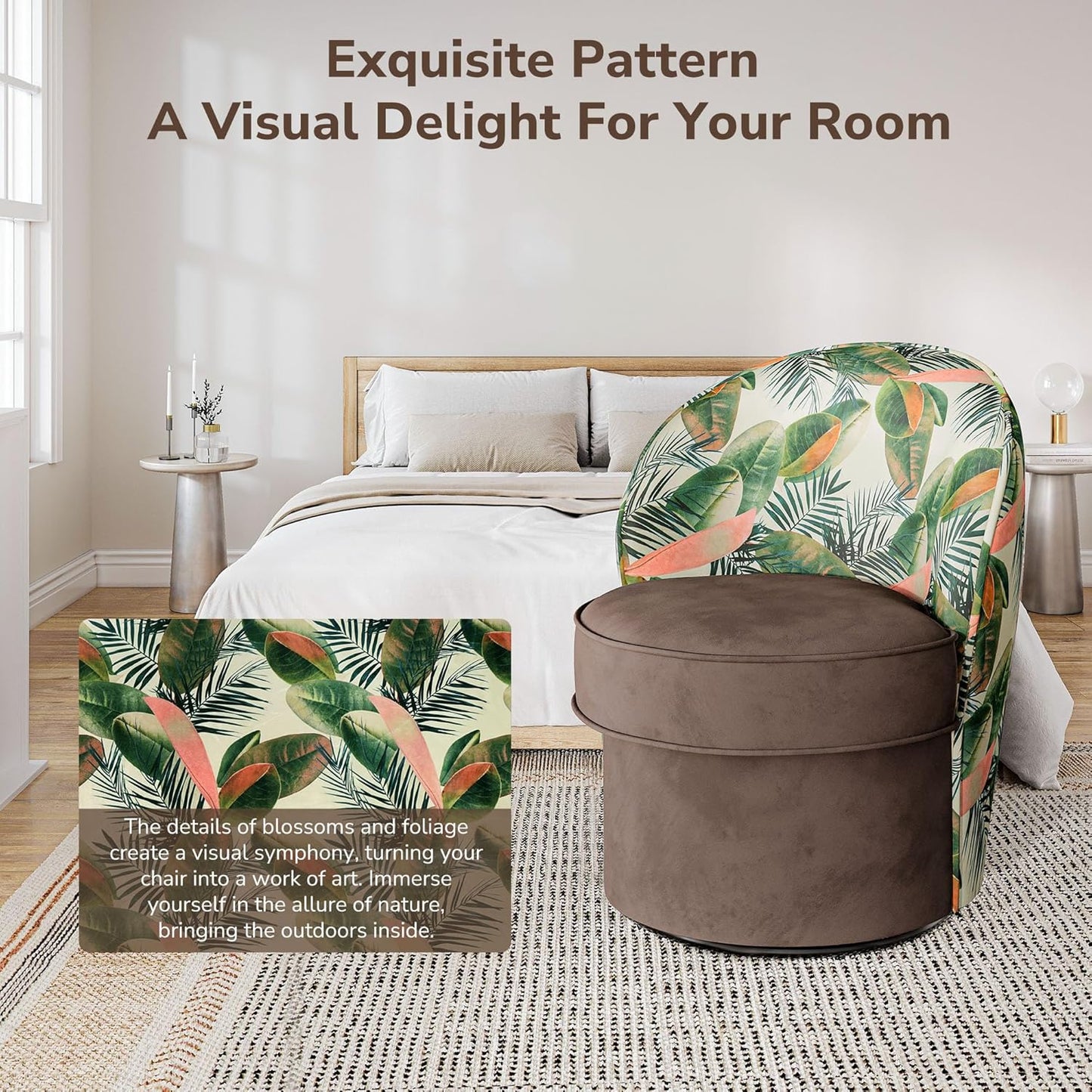 BELLEZE Swivel Barrel Chairs Set of 2, Modern Round Accent Chairs Floral Pattern Upholstered 360 Degree Swivel Armchairs for Living Room Bedroom - Grove (Brown & Floral)