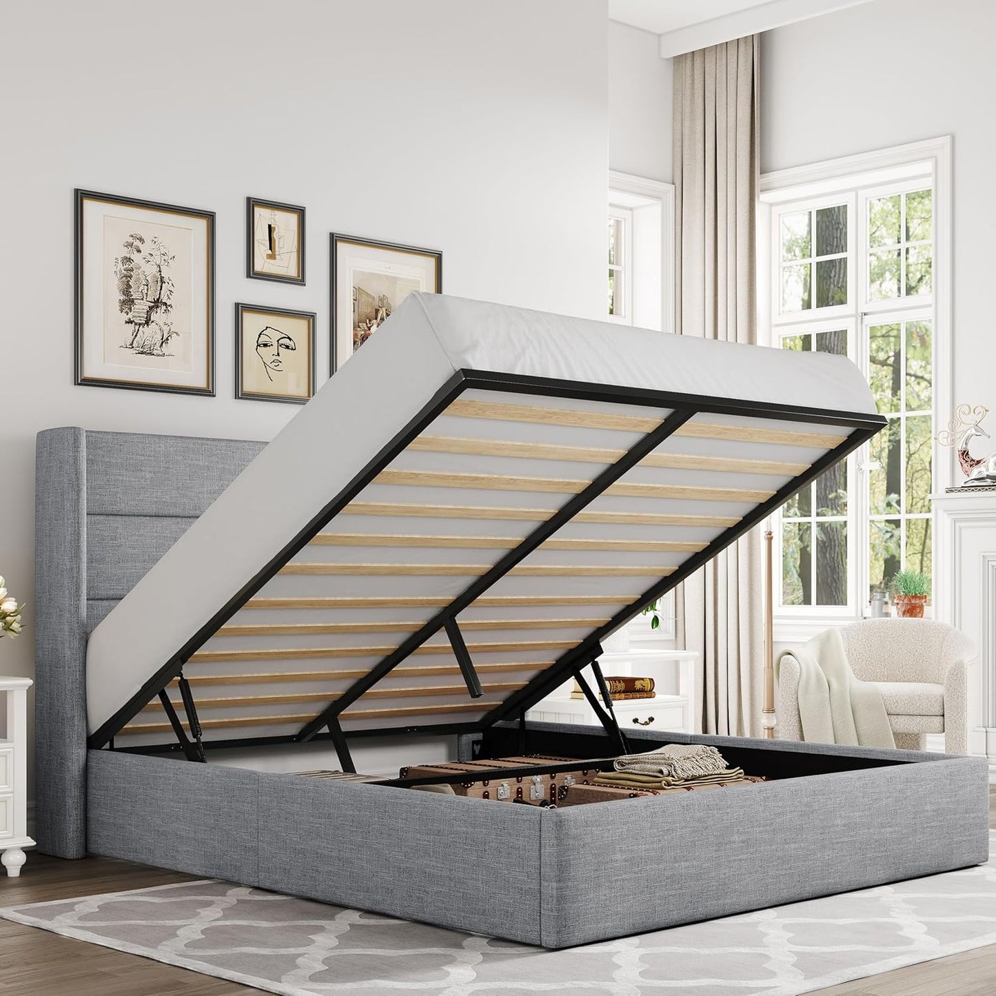 Allewie King Size Lift Up Storage Bed, Modern Wingback Headboard, Hydraulic Support, No Box Spring Needed, Light Beige