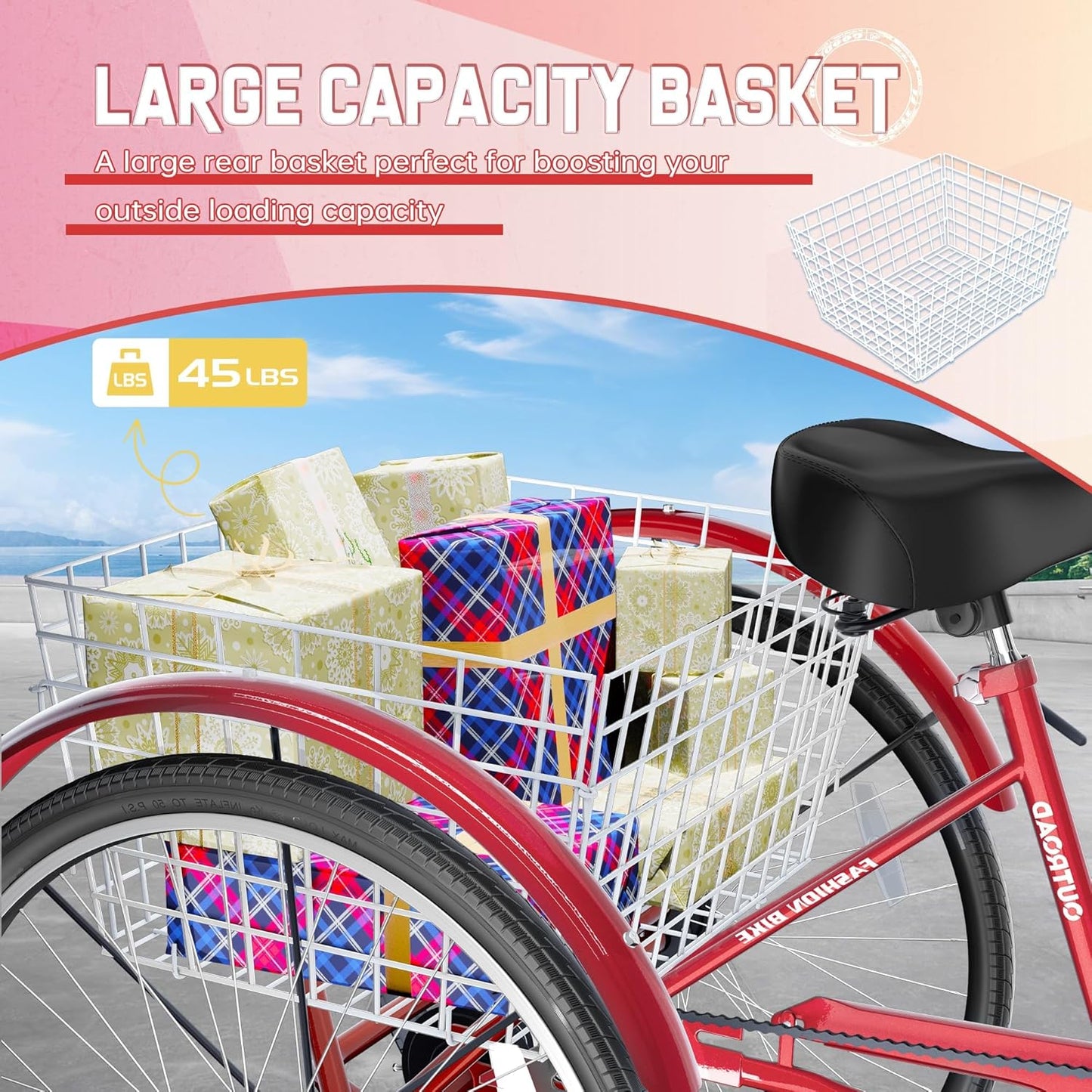 Adult Tricycle, 24/26 inch 7 Speed Cruiser Trike, 3 Wheel Bikes with Large Basket for Women and Men, Adult Trikes for Shopping Picnic Outdoor Sports (24 Red)
