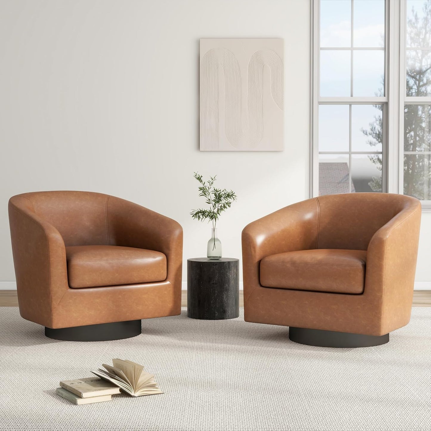 Swivel Barrel Chair, Modern Round PU Leather Accent Armchair for Living Room, Bedroom, Oversized Comfy Club Reading Chairs for Adults (Leather Red Brown, Set of 1)